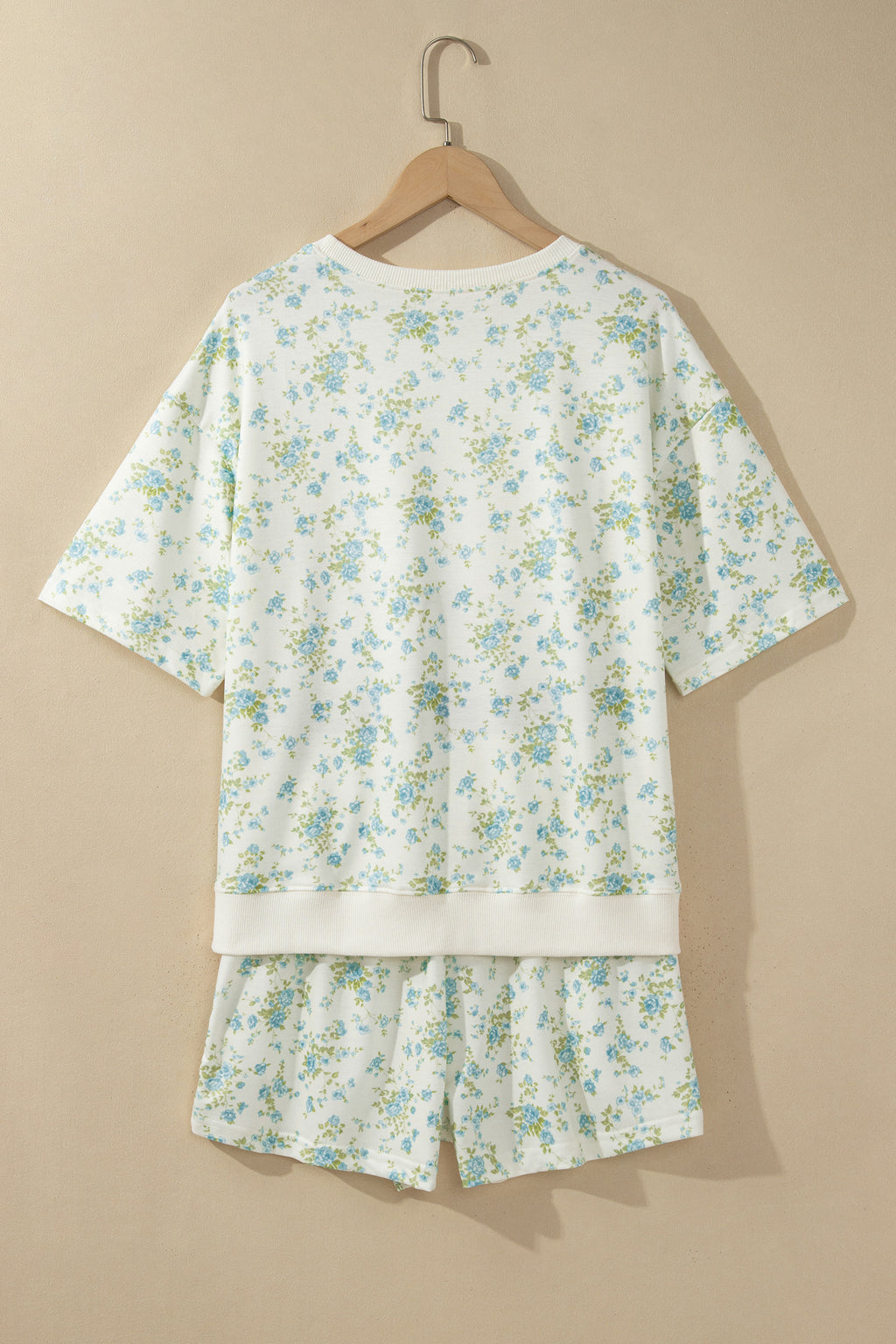 Sky Blue Floral Print Short Sleeve Elastic Waist Pocket Two Piece Set