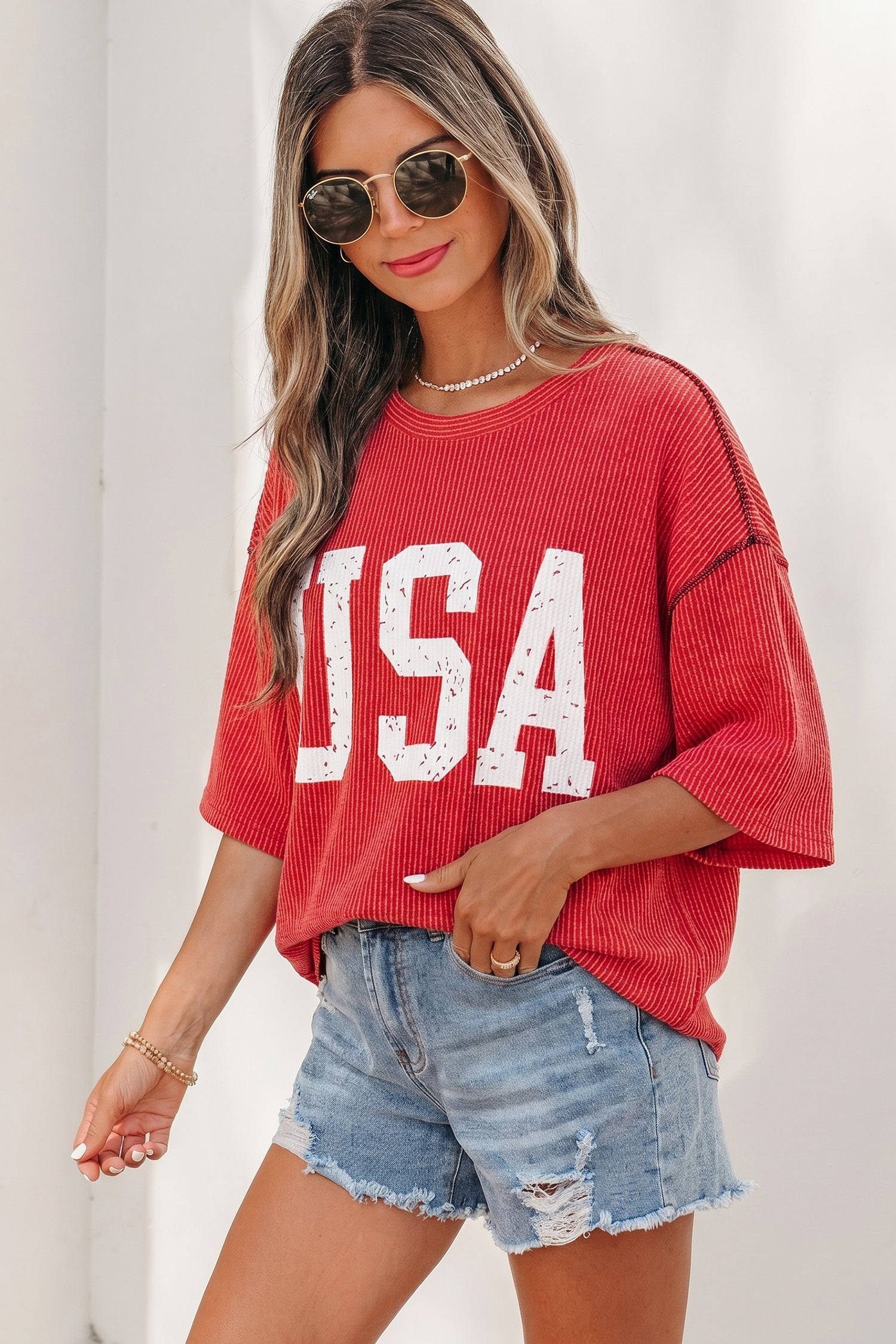 Beau Blue USA Graphic Half Sleeve Loose Ribbed Top