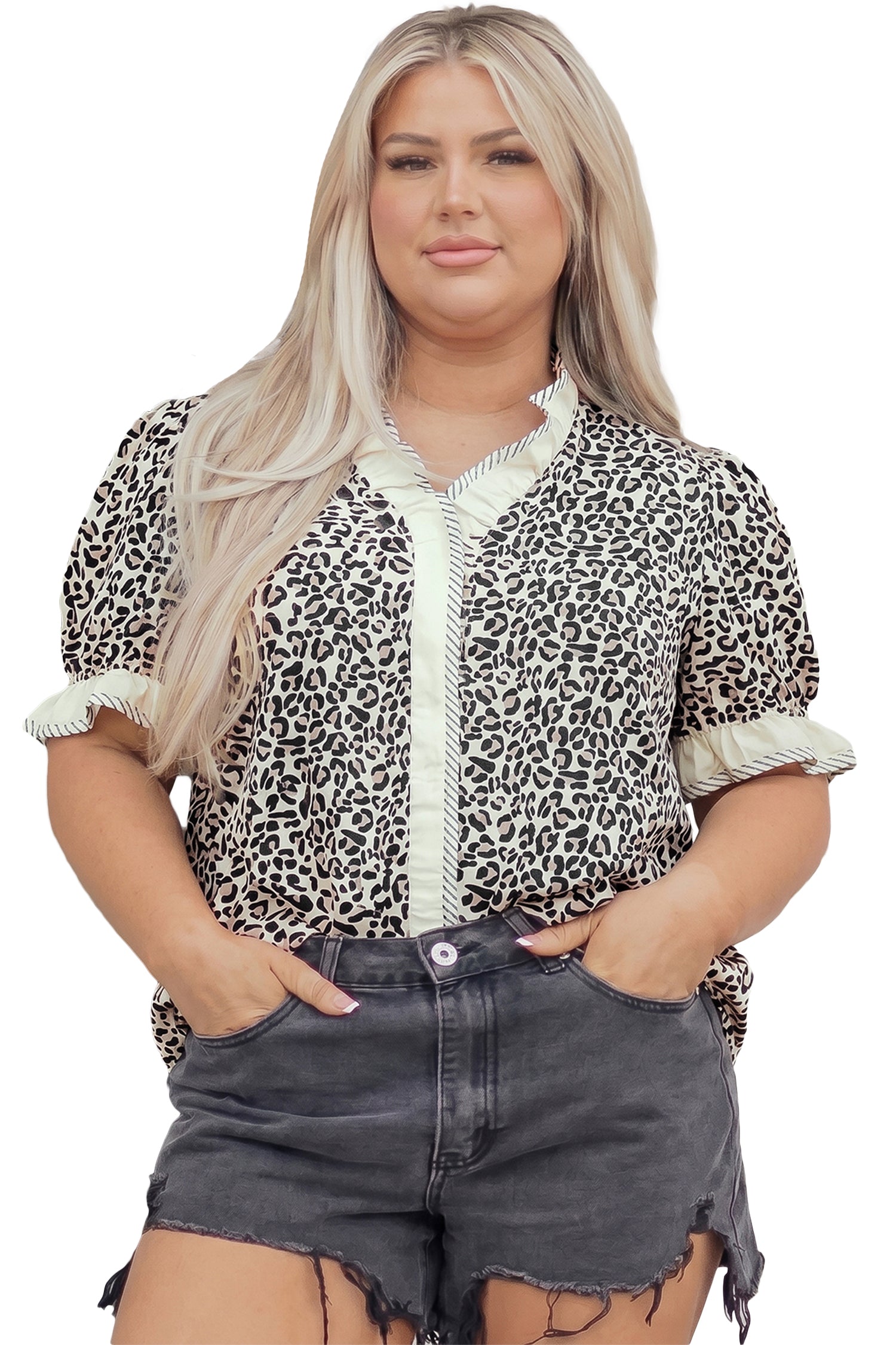 Black Plus Leopard Print Striped Color Block Trim Frilled V Neck Short Sleeve Blouse