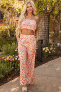 Pink Boho Floral Bandeau Top and High Waist Wide Leg Pants Set