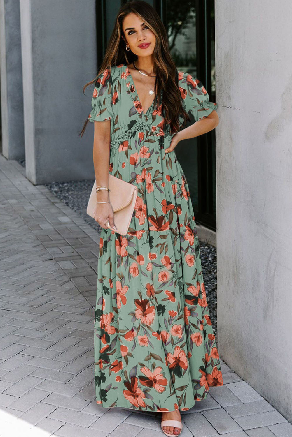 Green Fiery Floral Print Frilled V Neck Short Sleeve Maxi Dress