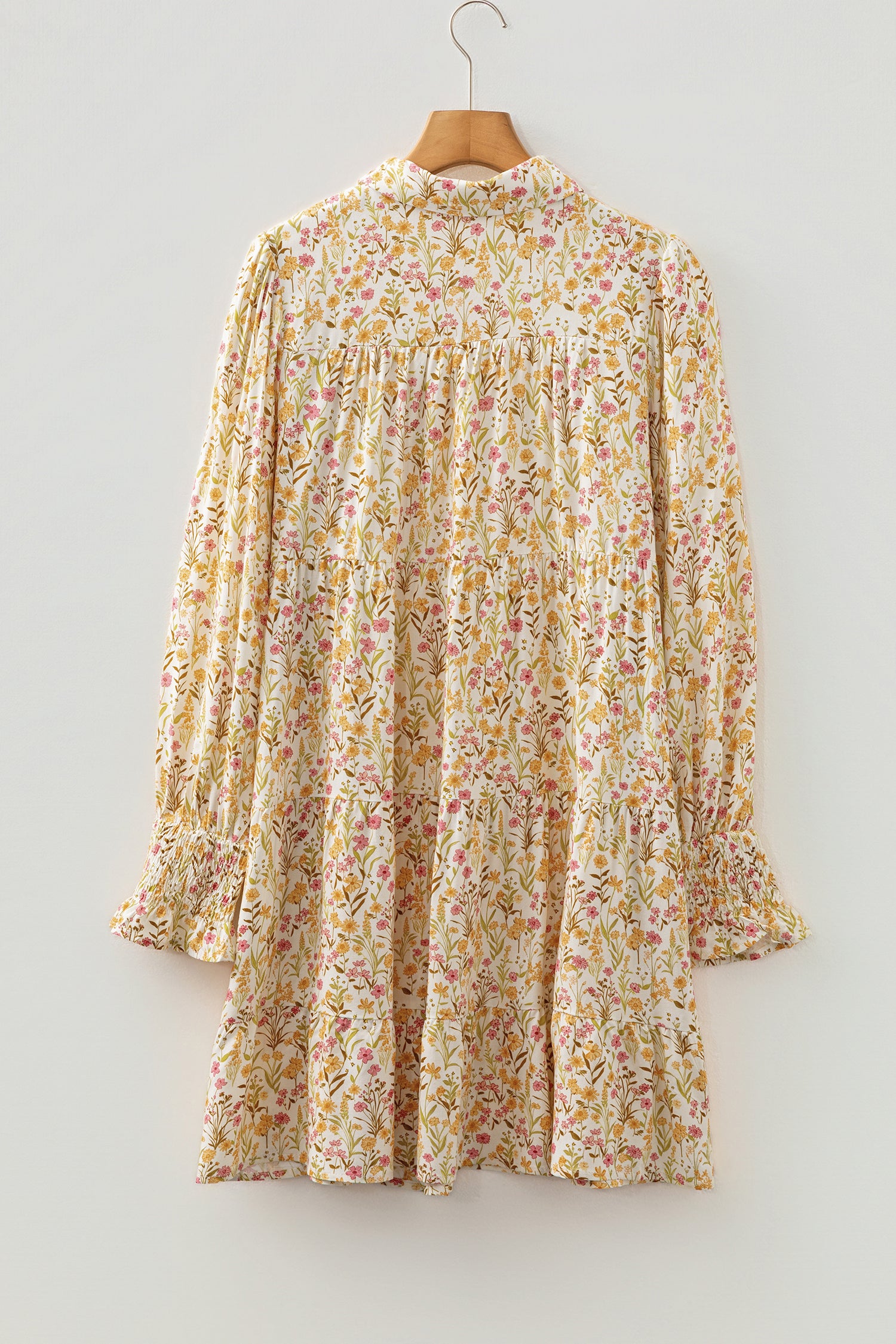 Yellow Floral Print Frilly Trim Smocked Cuff Long Sleeve Loose Shirt Dress