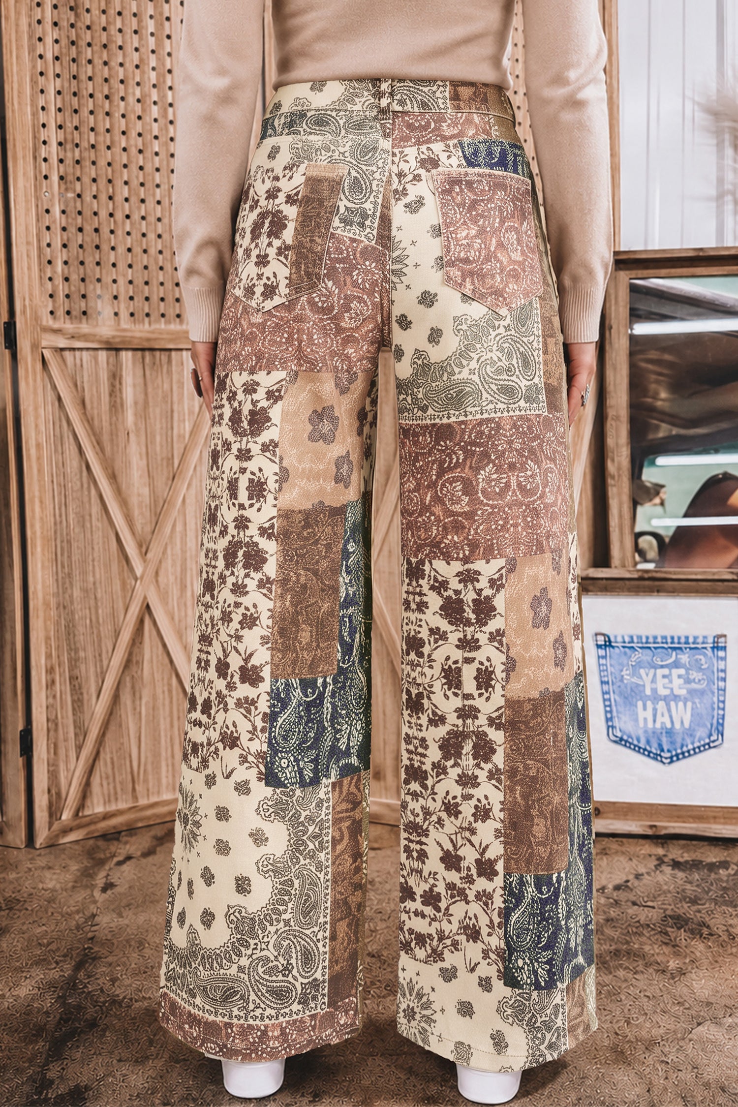 Brown Western Print Casual Shift Jeans