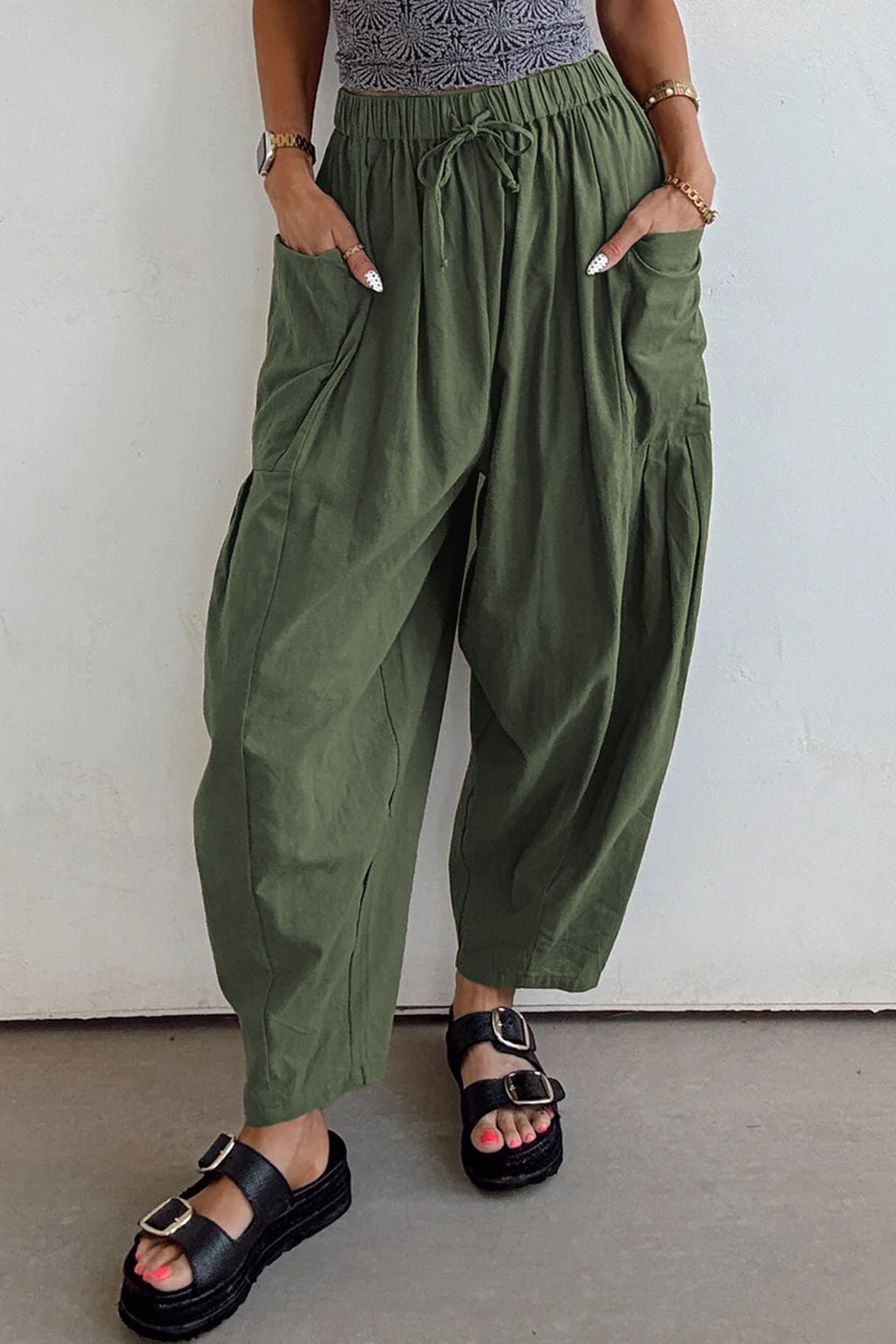 Jungle Green Drawstring Elastic Waist Patch Pocket Barrel Leg Casual Pants