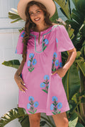 Rose Floral Short Sleeve Split Neck Loose Mini Dress