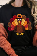 Black Thanksgiving Turkey Printed Graphic Short Sleeve Casual Shift T-Shirt