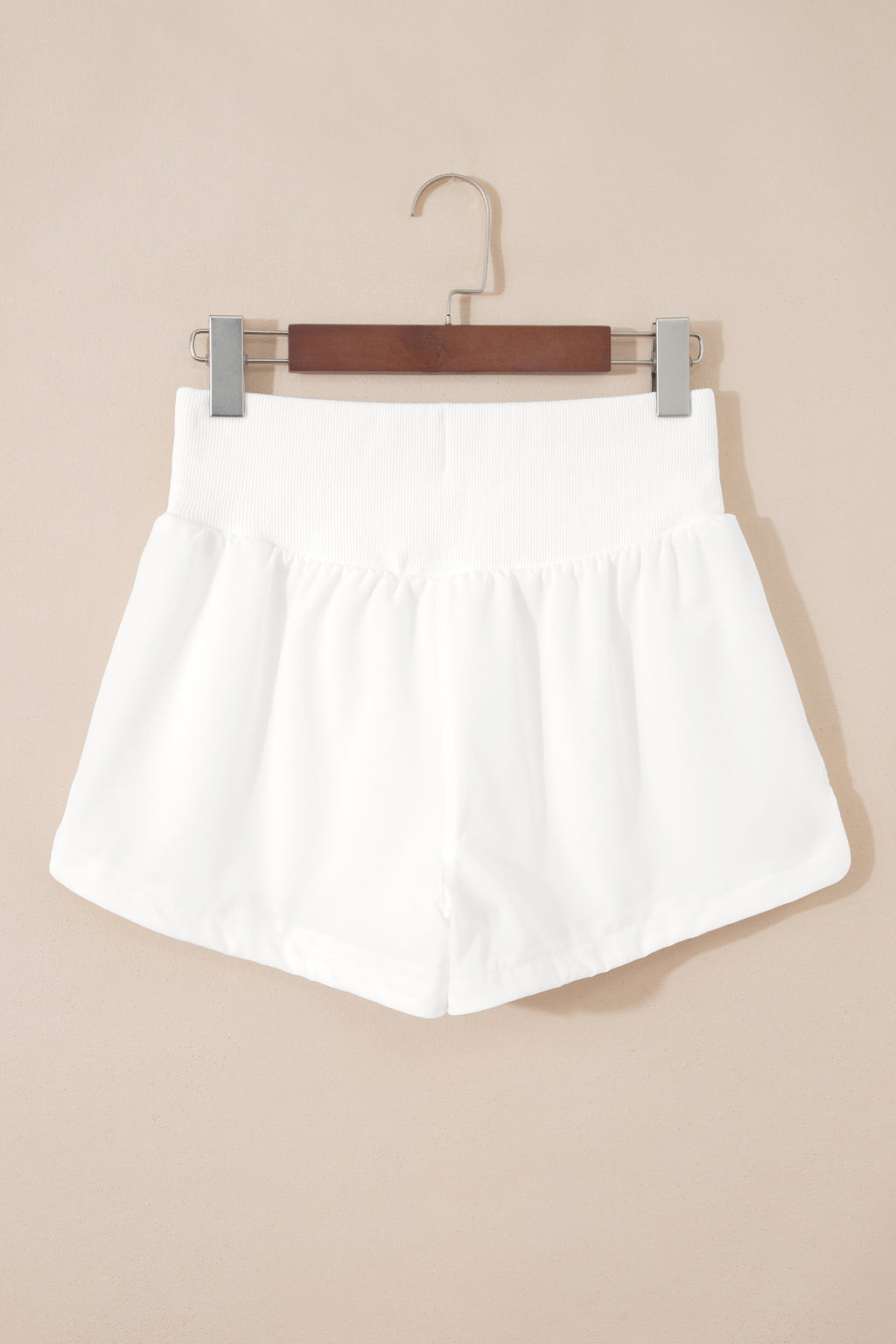 White Solid Color Ribbed Patchwork High Waist Athletic Shorts