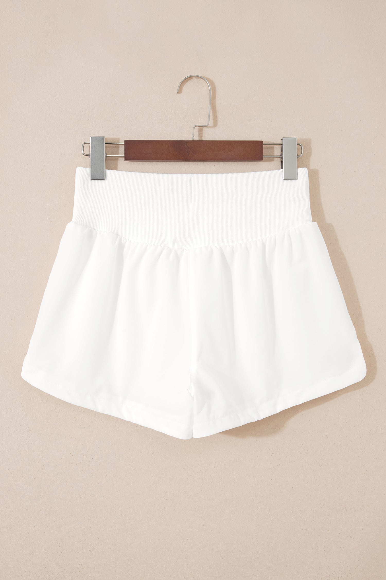 White Solid Color Ribbed Patchwork High Waist Athletic Shorts