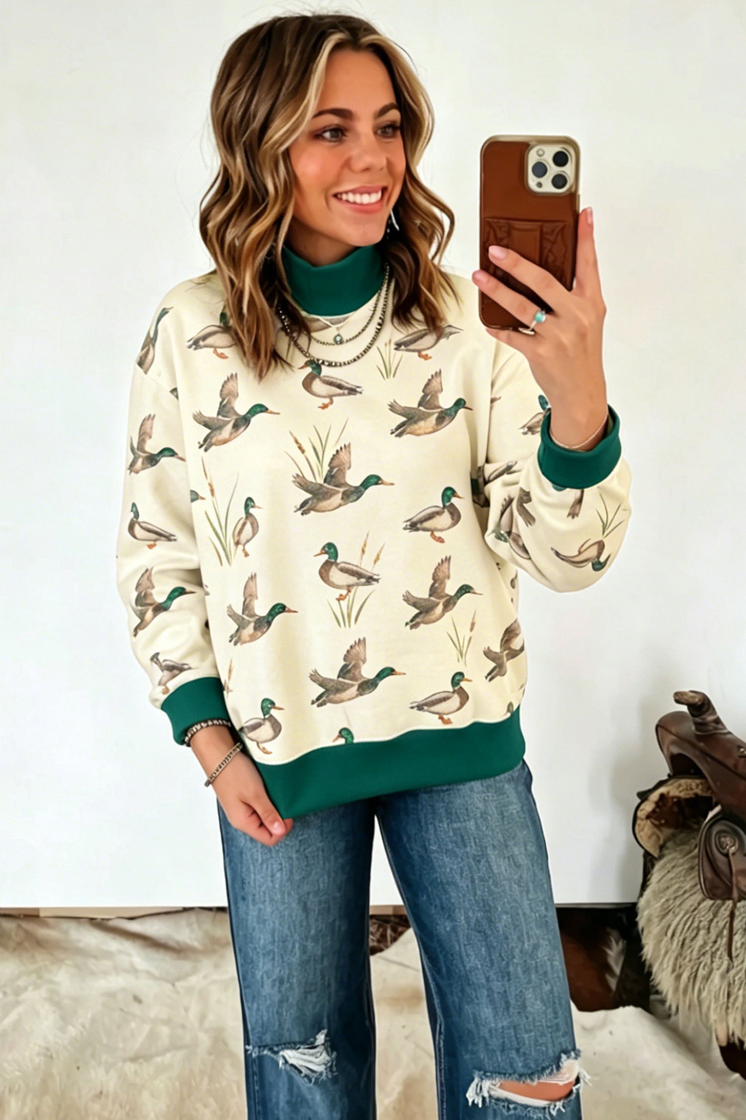 Multicolour Mallard Print Patchwork Colorblock High Neck Sweatshirt