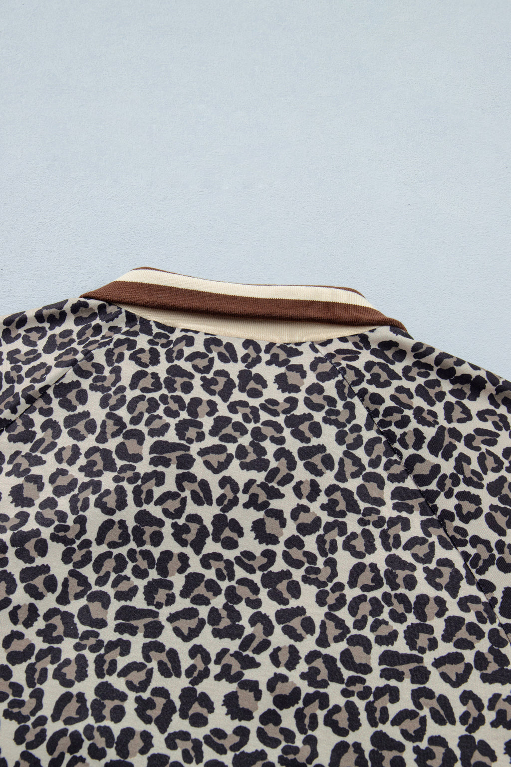 Khaki Leopard Print Half Zip Striped Trim Patchwork Short Sleeve Top