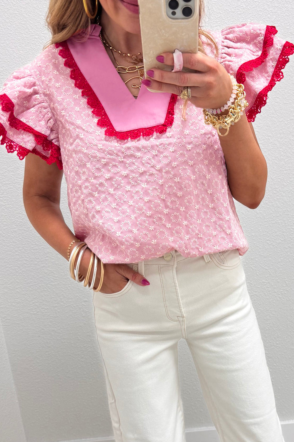 Beau Blue Eyelet Embroidered Flower Texture Contrast Lace Trim Flutter Sleeve Blouse