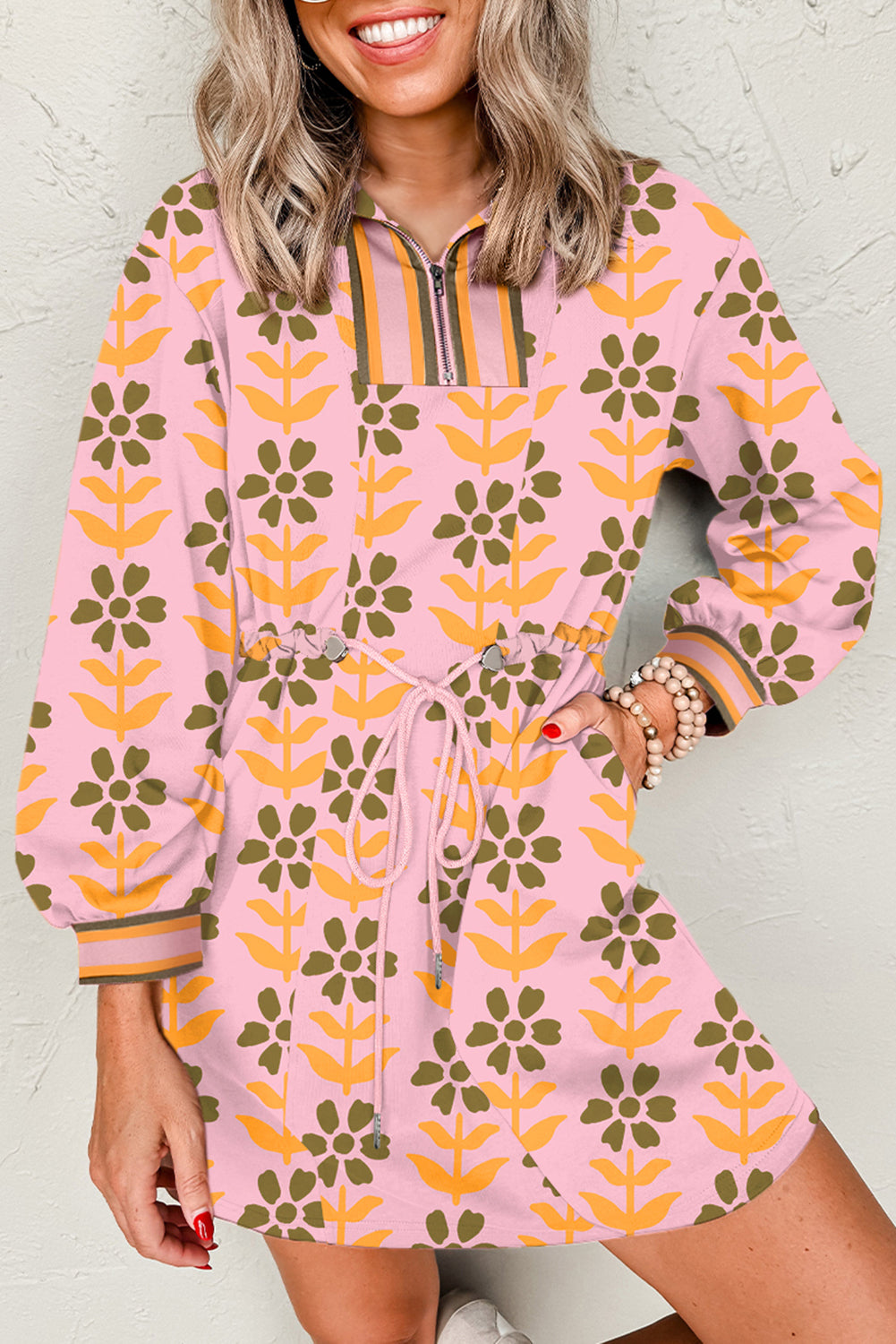 Pink Floral Print Zip Neck Striped Patchwork Long Sleeve Drawstring Dress