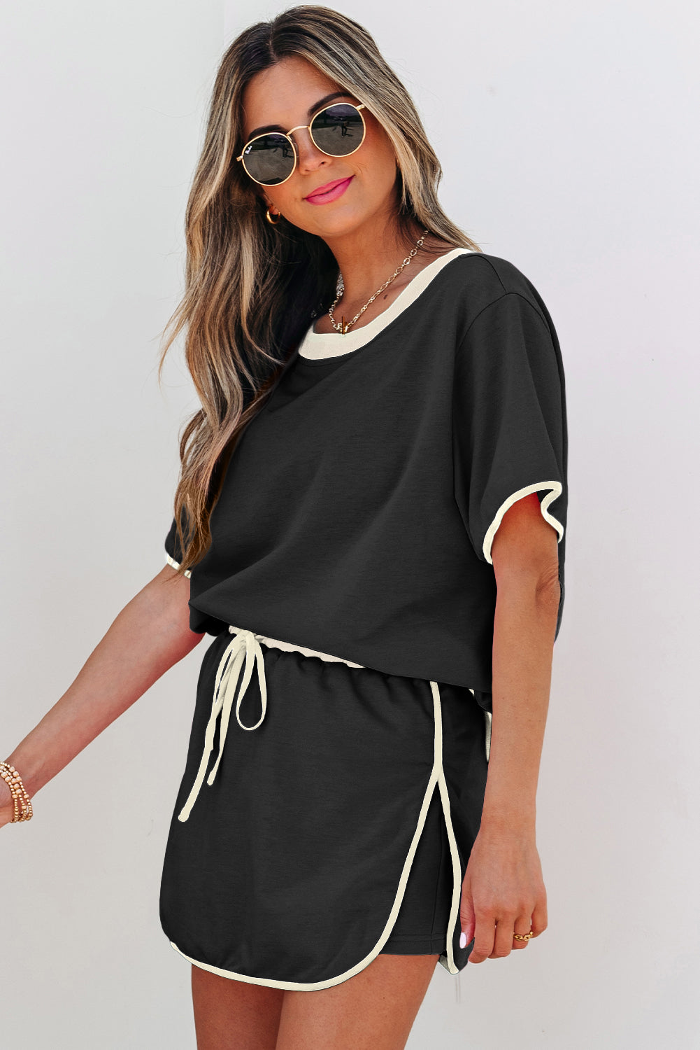 Bonbon Colorblock Edge Drop Shoulder T Shirt and Skort 2Pcs Set