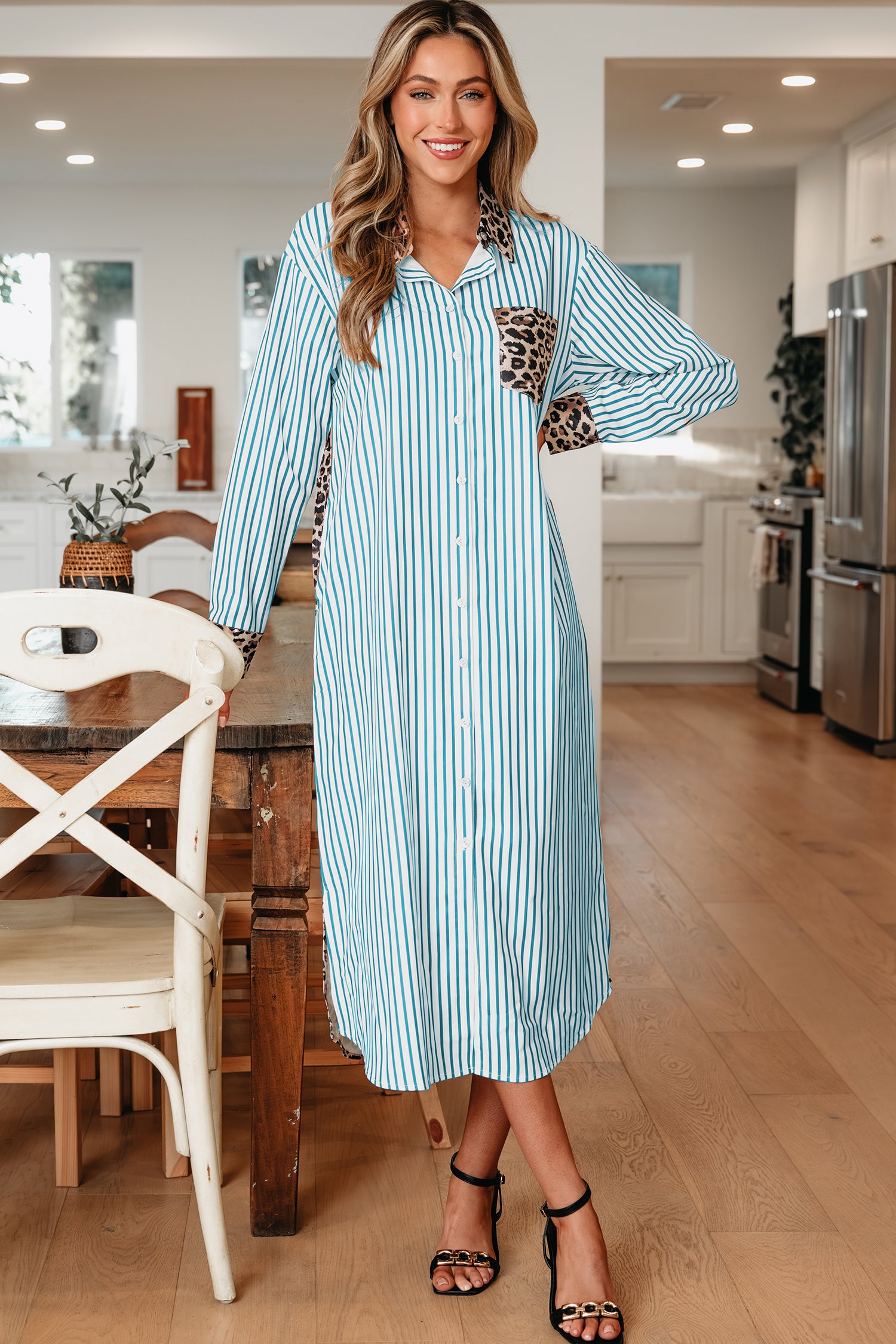 Sky Blue Stripe Contrast Leopard Patchwork Long Shirt Dress with Slits