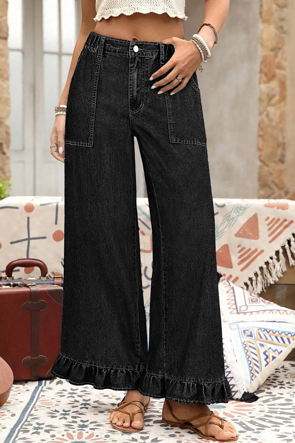 Black Plus Size Elastic Waist Ruffled Wide Leg Denim Pants