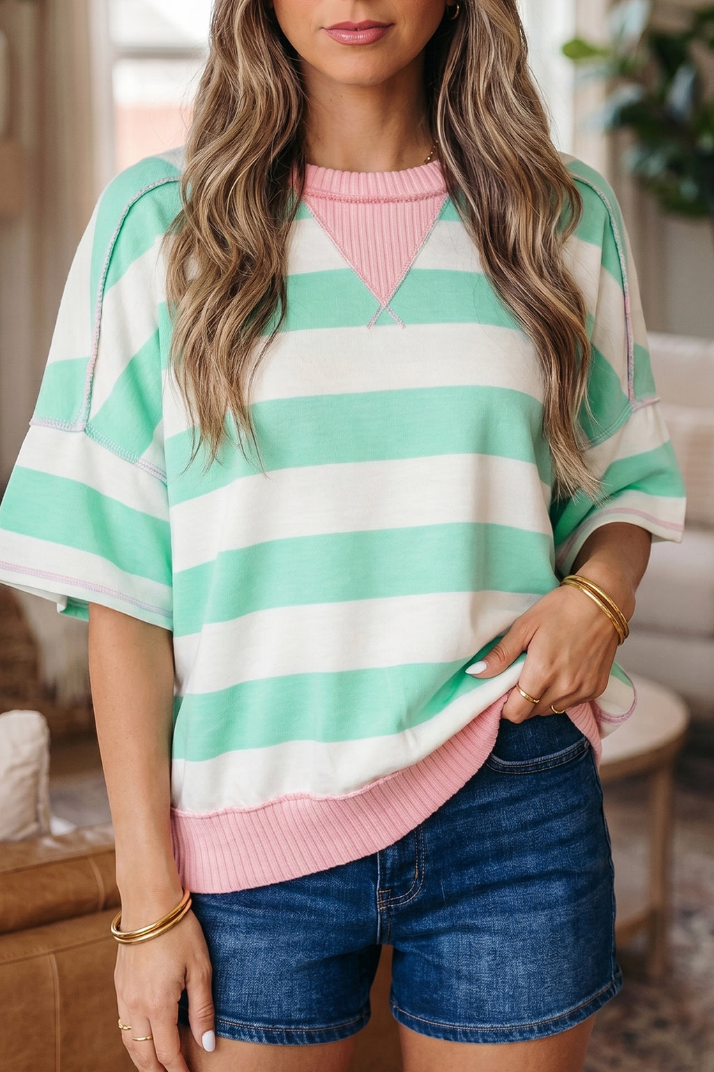 Pink Stripe Exposed Seam Ribbed Patchwork Oversized Tee