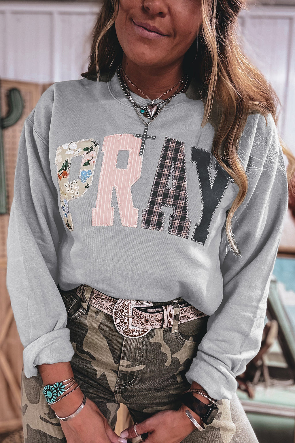 Parchment Floral Buffalo Plaid Striped Embroidered Patch Western Pullover Sweatshirt