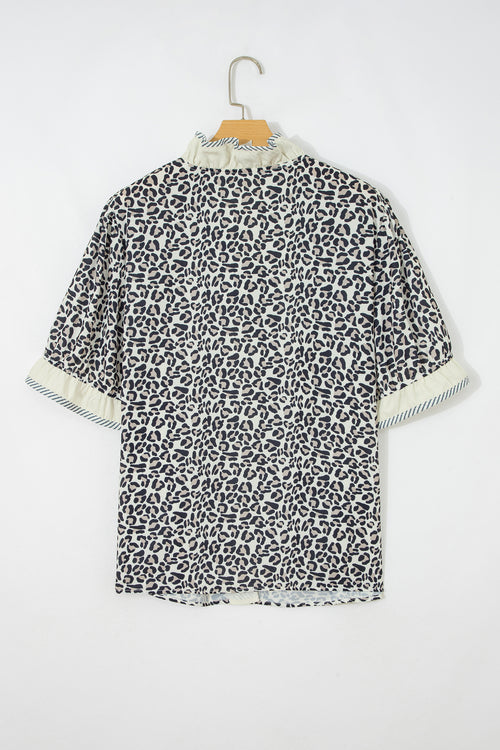 Black Plus Leopard Print Striped Color Block Trim Frilled V Neck Short Sleeve Blouse