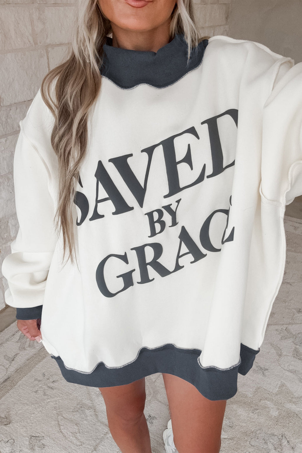Coffee Saved By Grace Print Color Block Mock Neck Oversized Sweatshirt