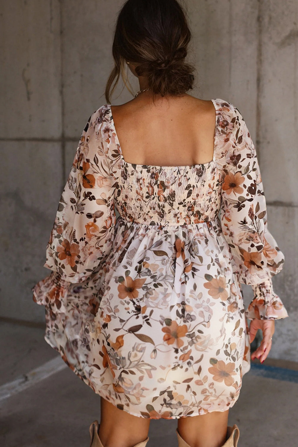 White Floral Print Sweetheart Neck Long Sleeve High Waist Mini Dress