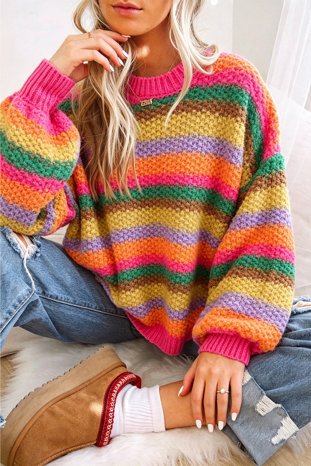 Rainbow Striped Puff Sleeve Knit Sweater