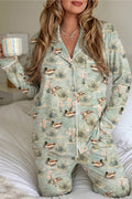 Green Floral Duck Print Long-Sleeve Pajama Pants Set