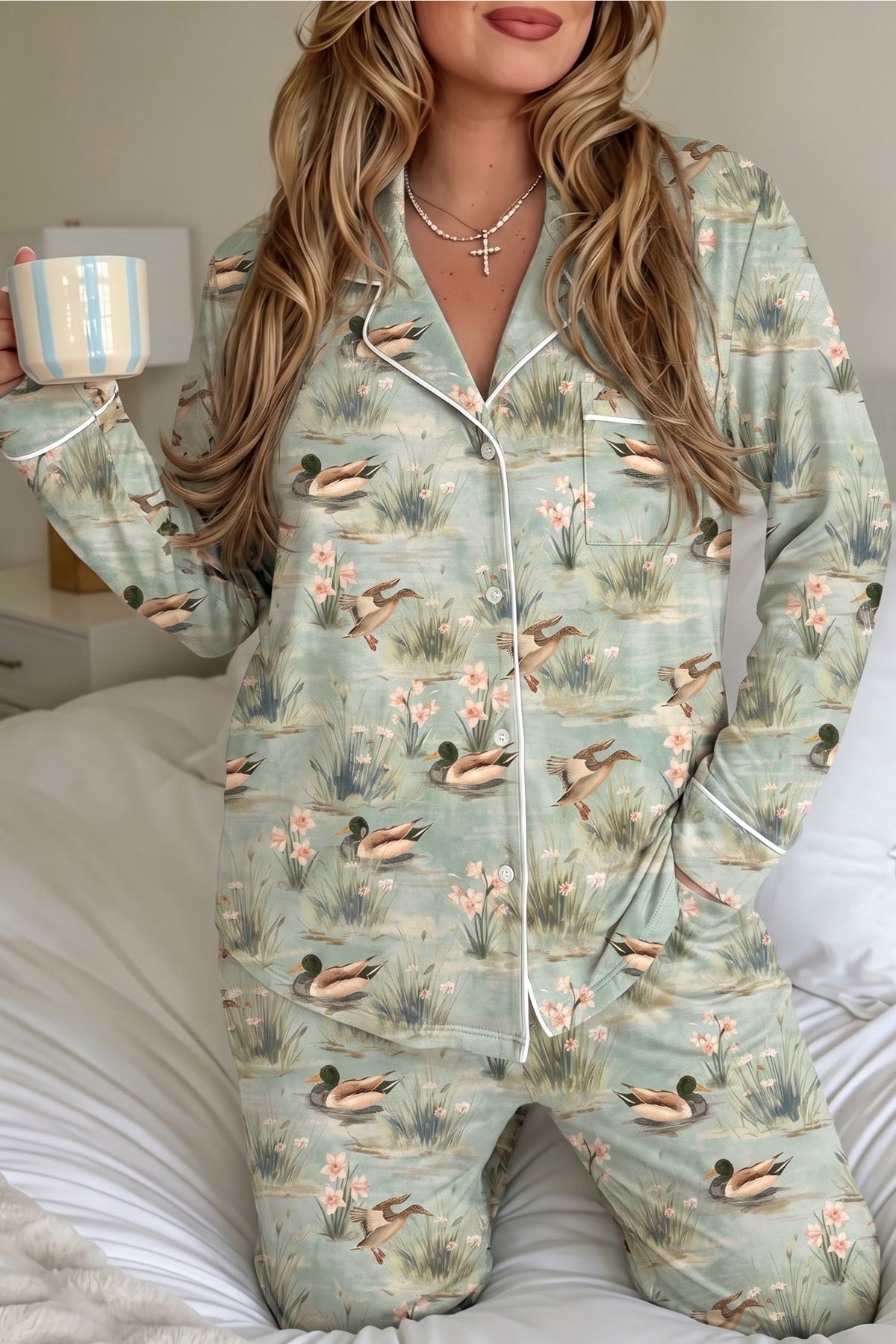 Green Floral Duck Print Long-Sleeve Pajama Pants Set