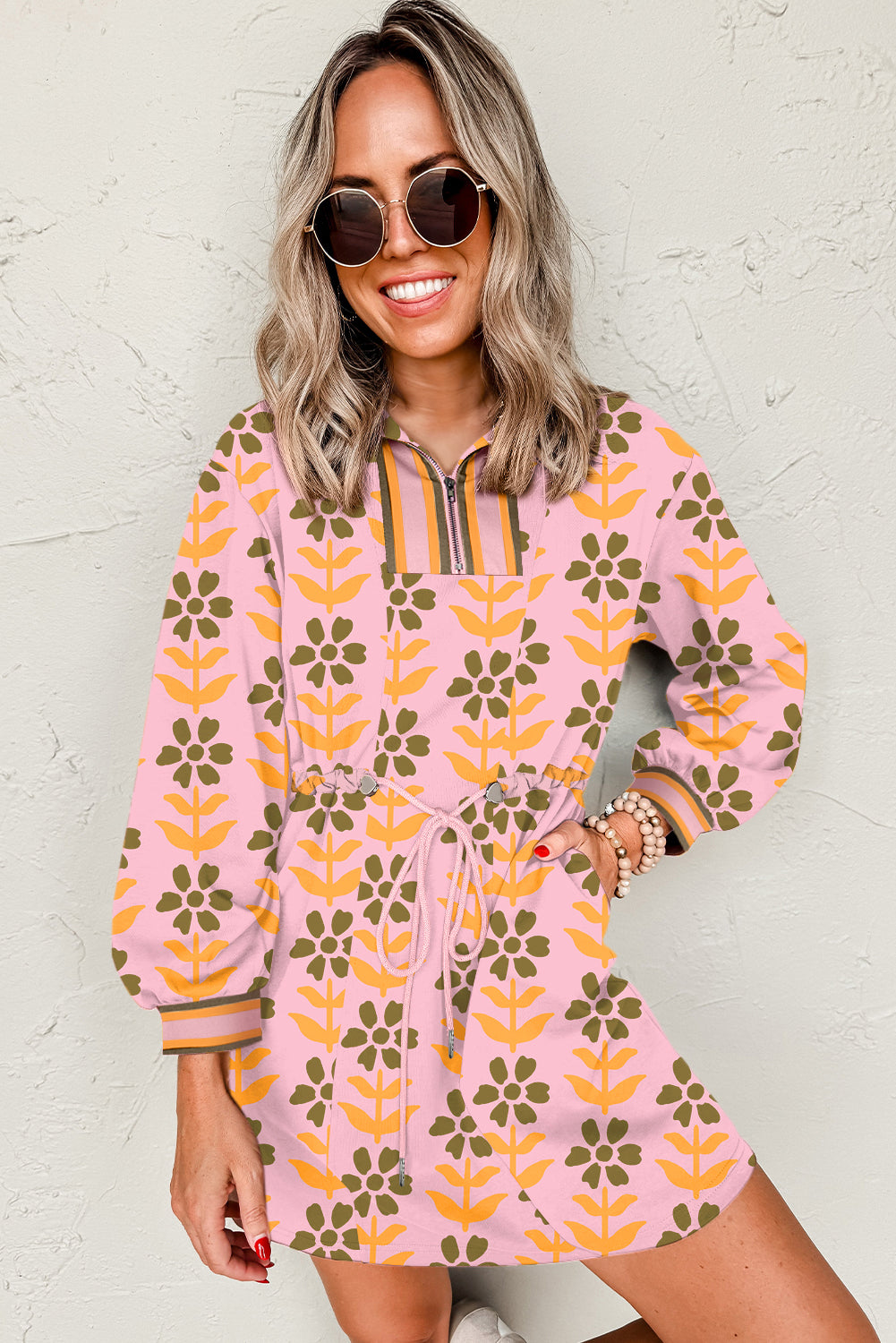 Pink Floral Print Zip Neck Striped Patchwork Long Sleeve Drawstring Dress