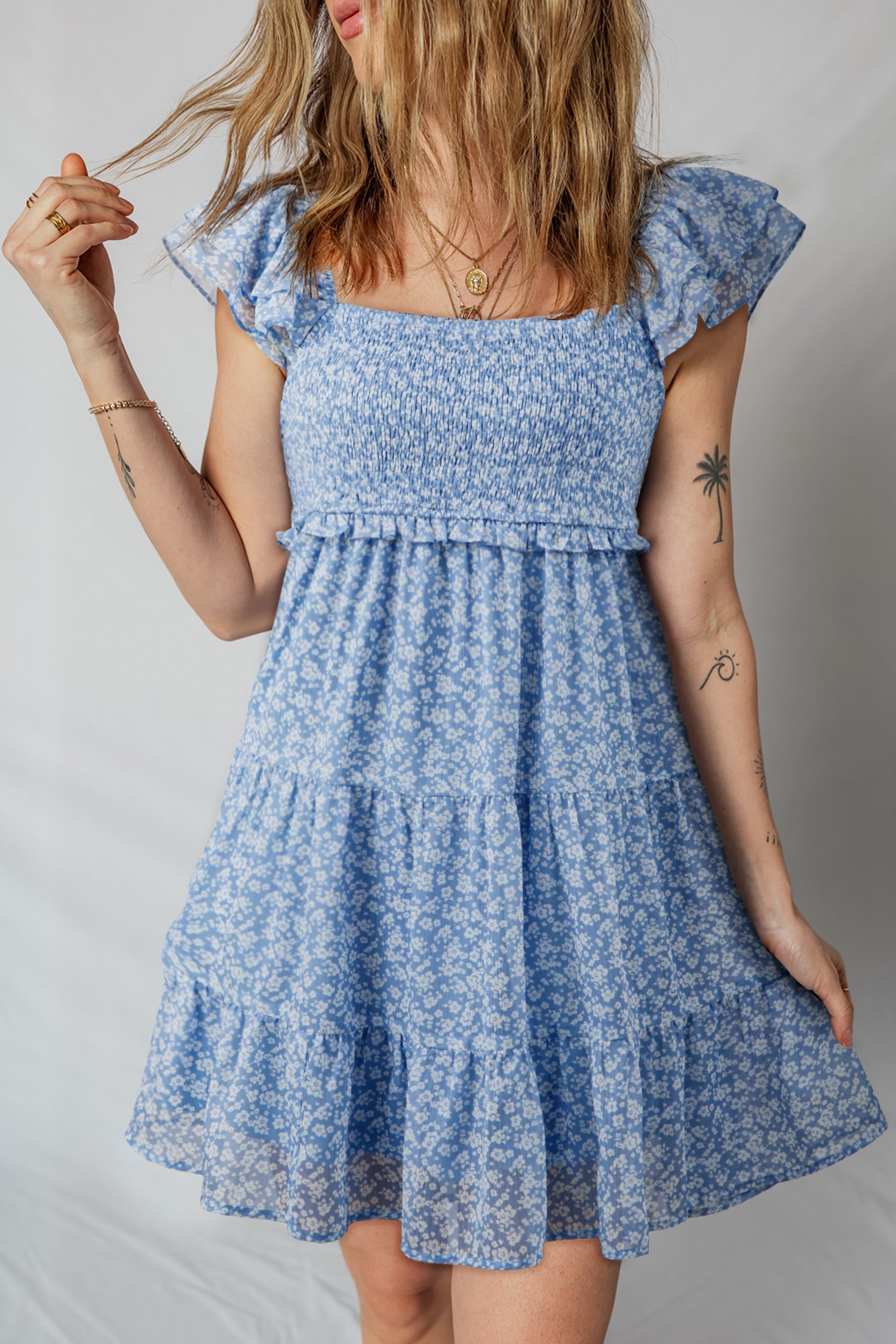Sky Blue Floral Print Square Neck Flutter Sleeve Smocked Tiered Mini Dress