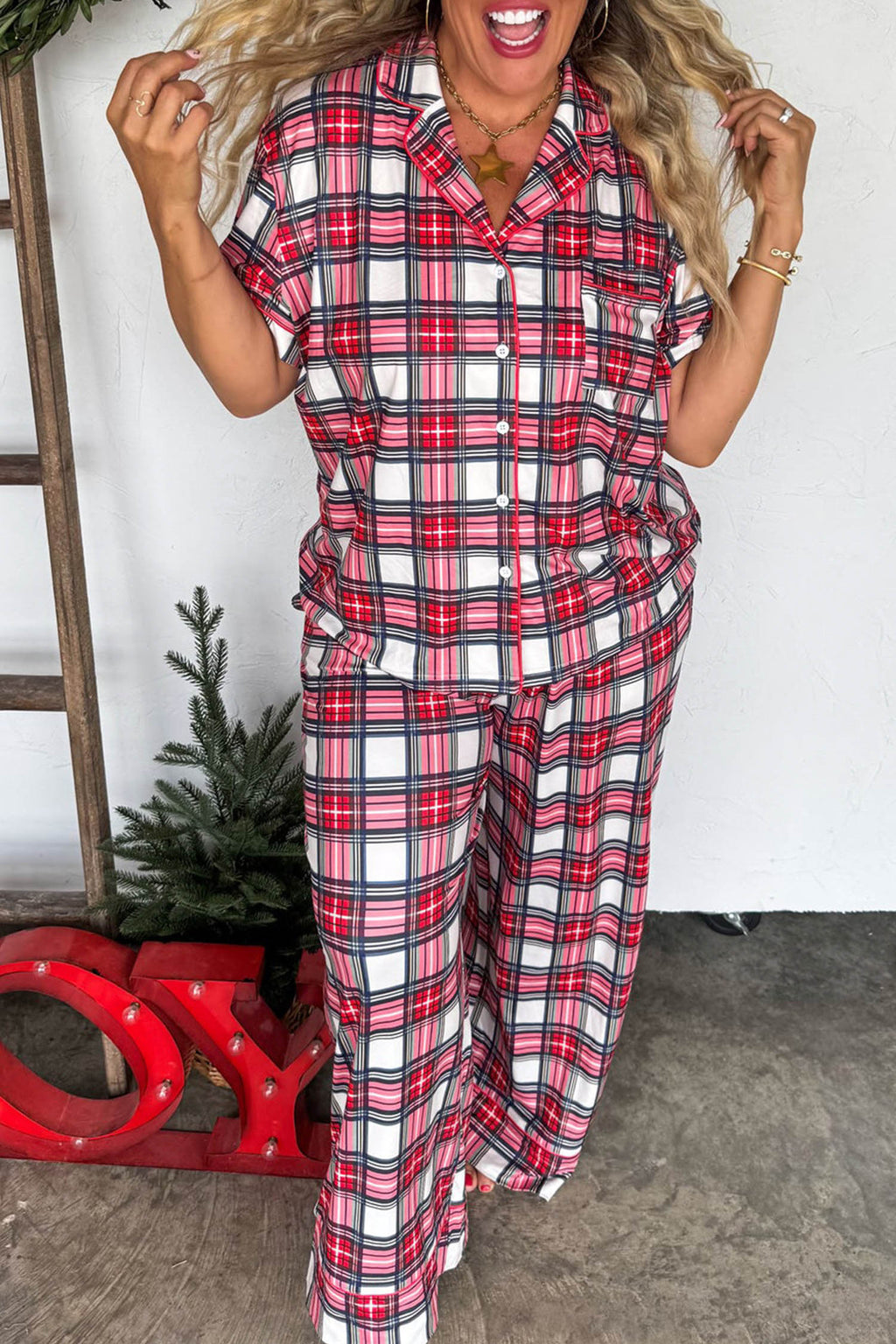 Red Plus Size Plaid Short-Sleeve Top & Pants Pajama Set