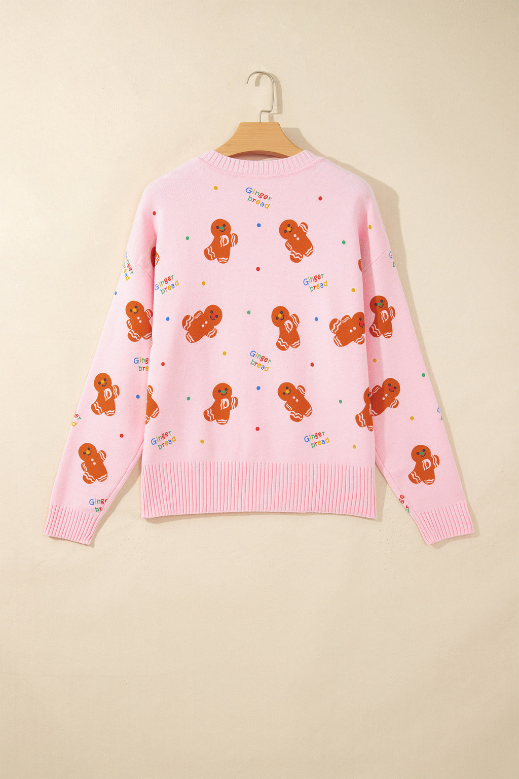 Pink Festive Gingerbread Pattern Long Sleeve Round Neck Sweater