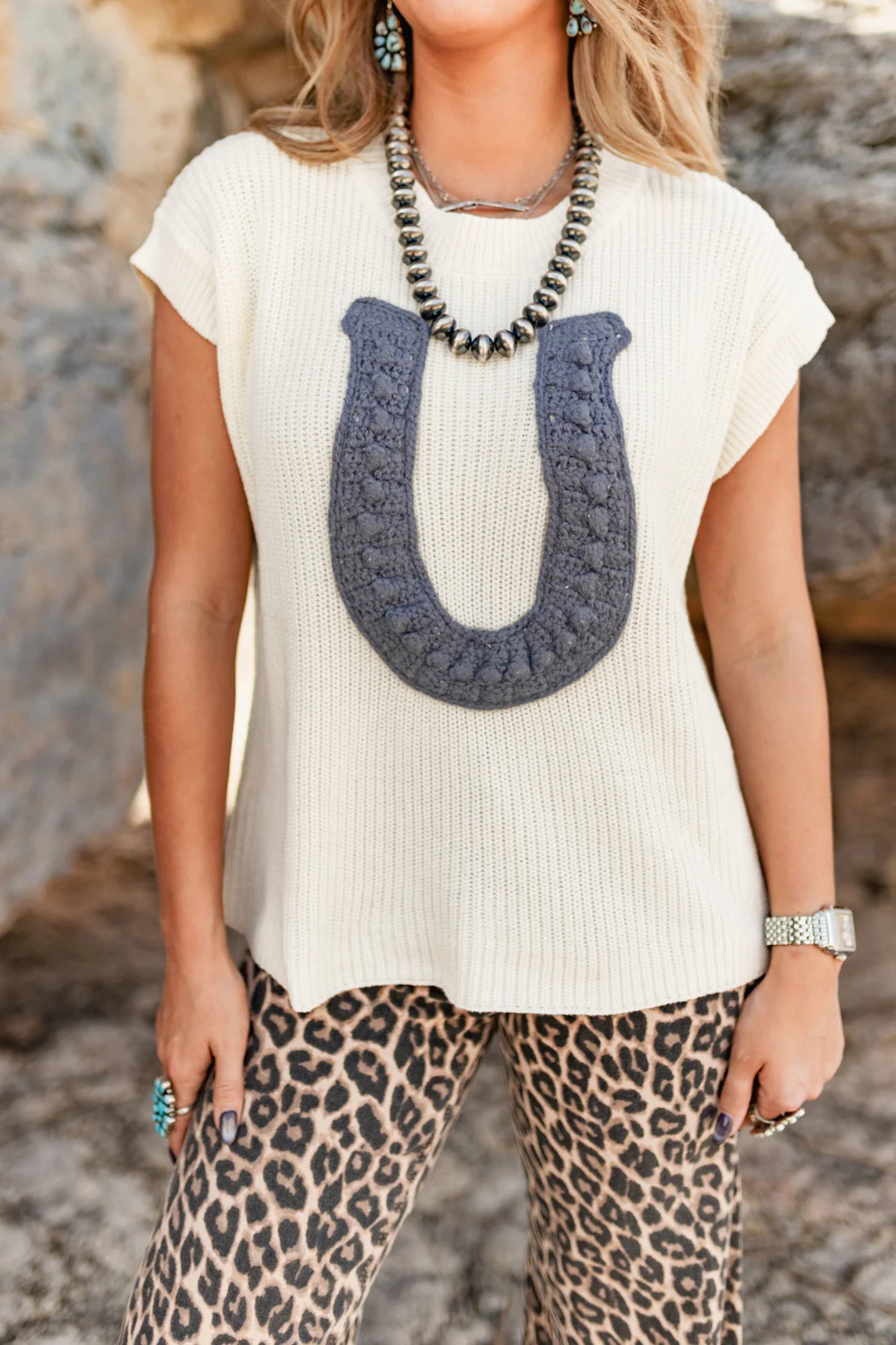 Turquoise Crochet Horseshoe Short Sleeve Knit Sweater