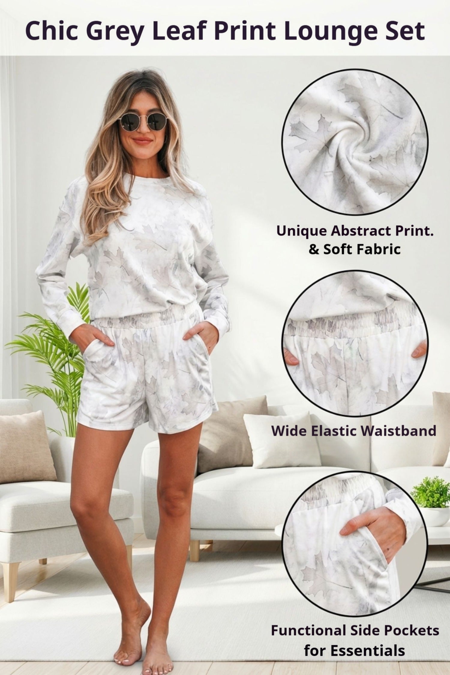 Woman wearing a chic grey leaf print lounge set with product details on fabric texture and design.