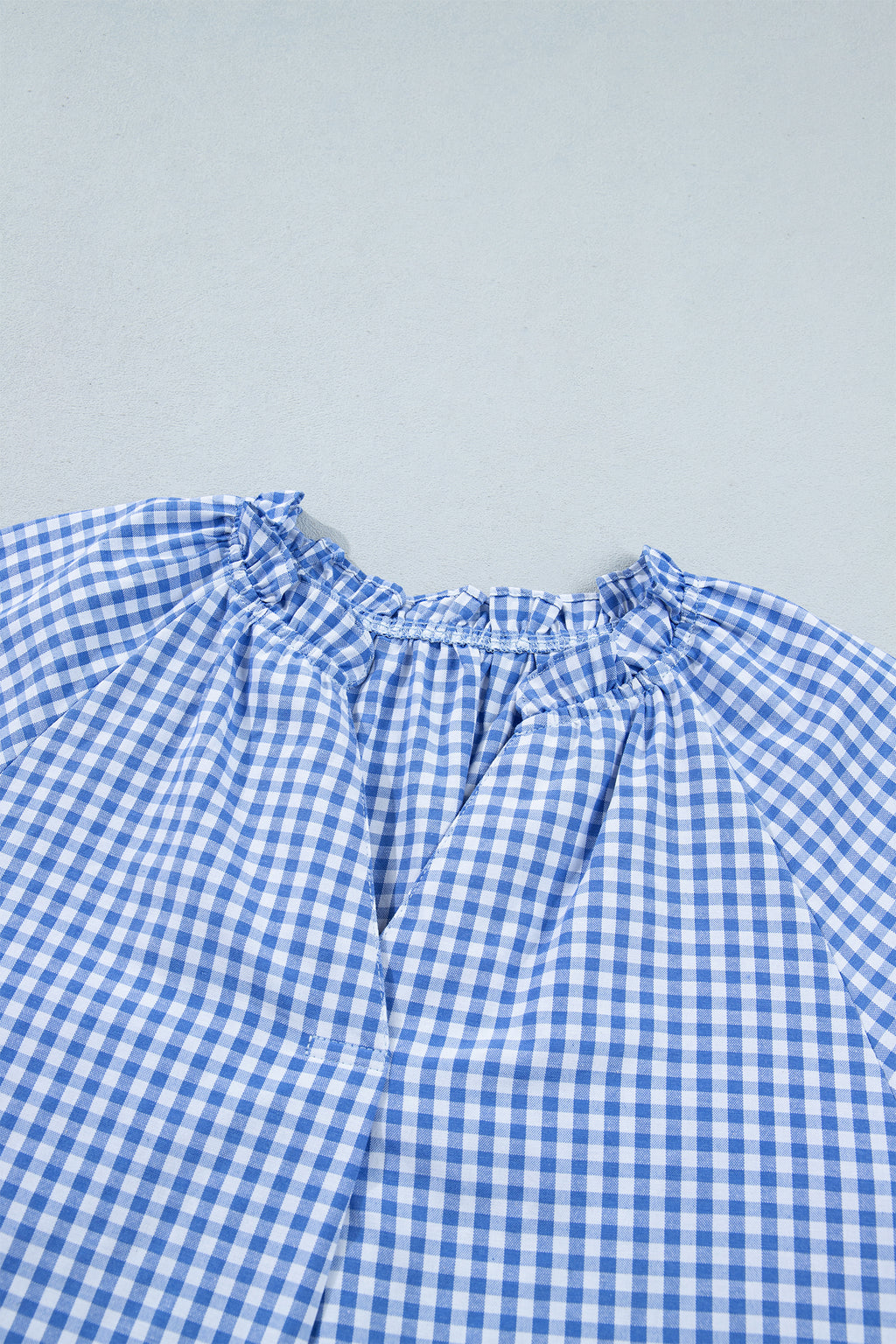 Sky Blue Summer Plaid V Neck Puff Sleeve Blouse