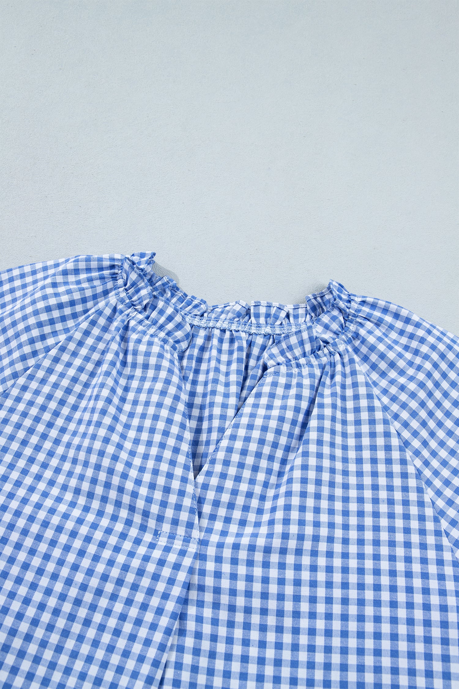 Sky Blue Summer Plaid V Neck Puff Sleeve Blouse
