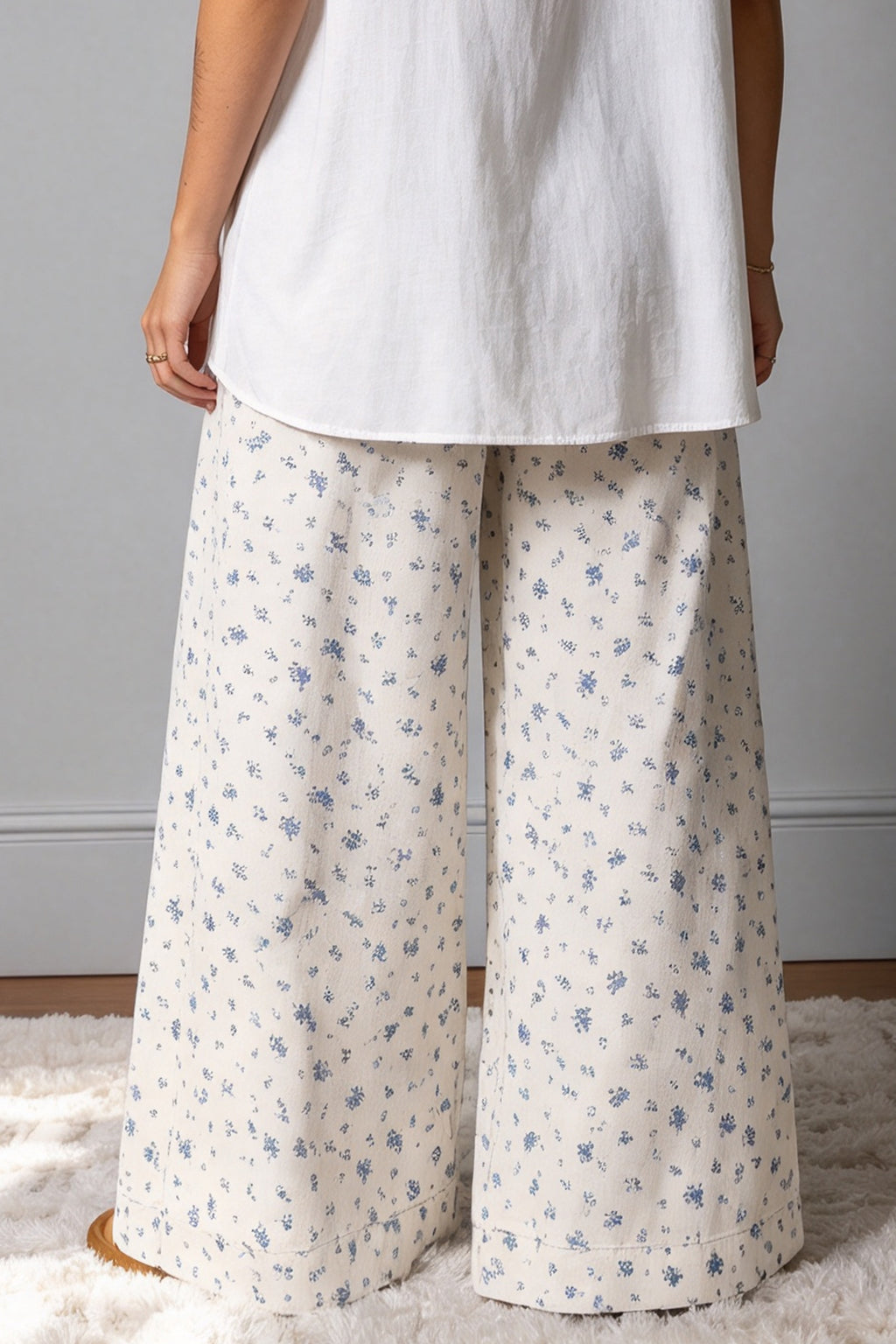 White Floral High-Waisted Wide-Leg Jeans with Drawstring