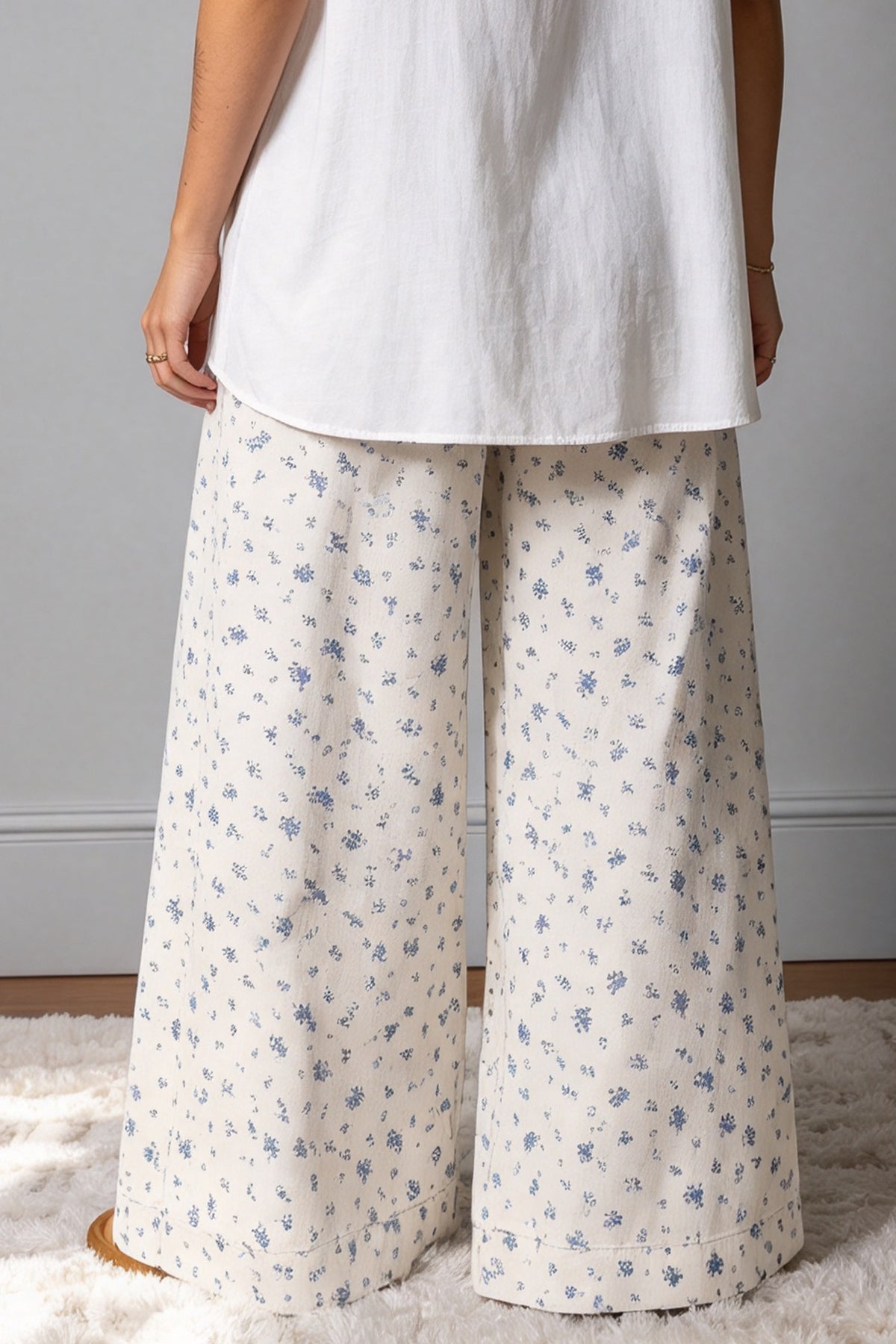 White Floral High-Waisted Wide-Leg Jeans with Drawstring