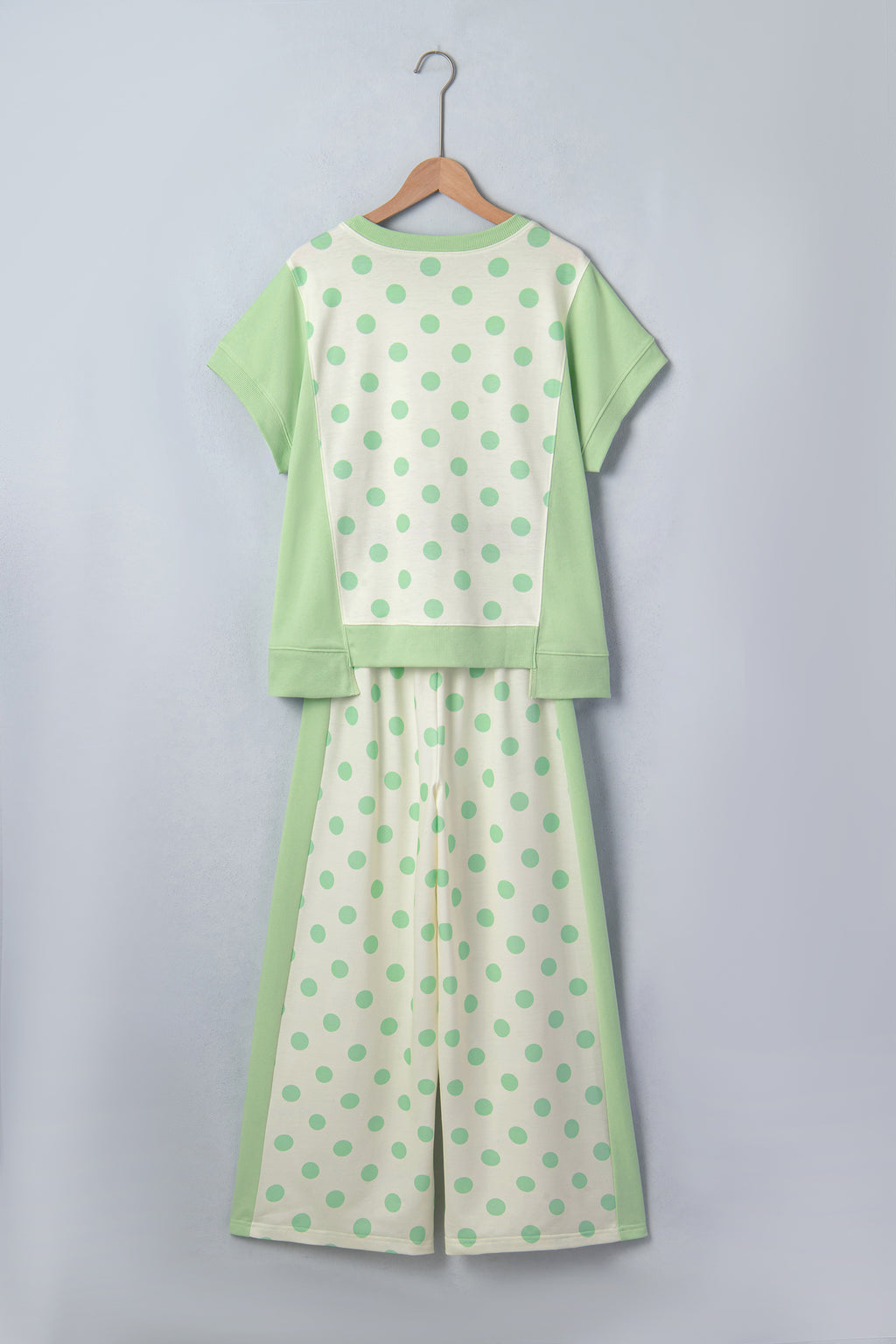 Green Color Block Patchwork Polka Dot Wide Leg Pant Set