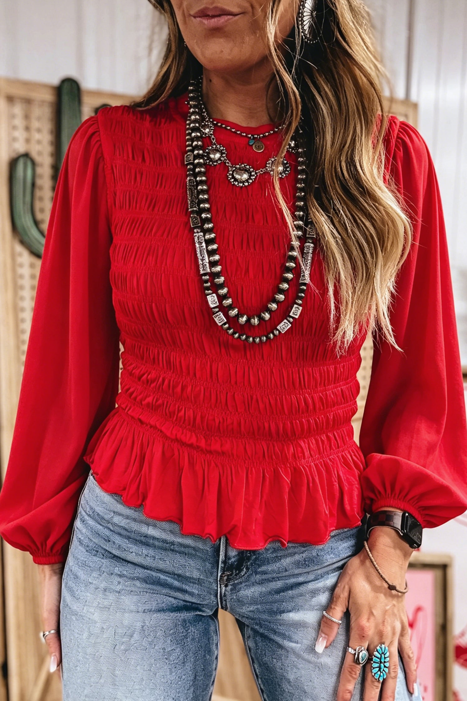 Coffee Solid Color Smocked Ruffle Hem Long Sleeve Blouse