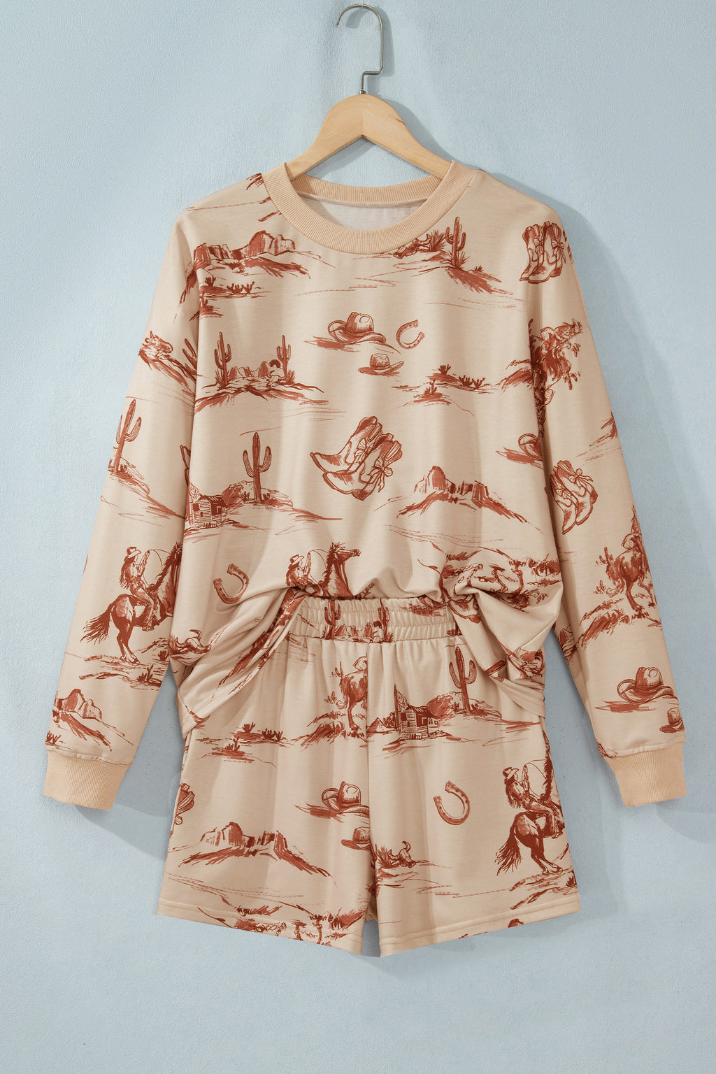 Beige Western Print Loose Fit Long Sleeve Top Short Set