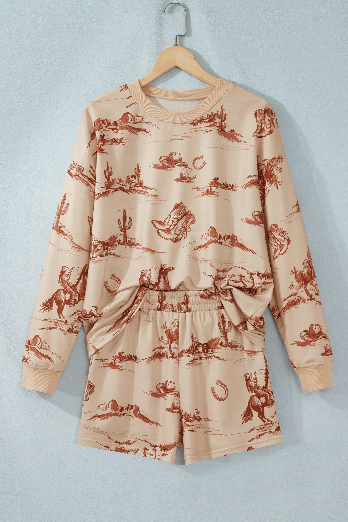 Beige Western Print Loose Fit Long Sleeve Top Short Set