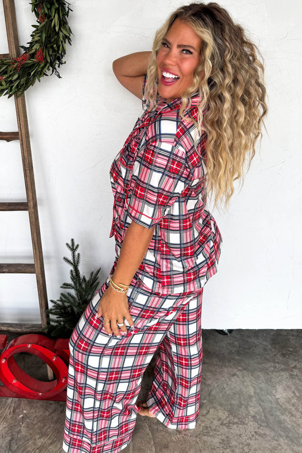 Red Plus Size Plaid Short-Sleeve Top & Pants Pajama Set