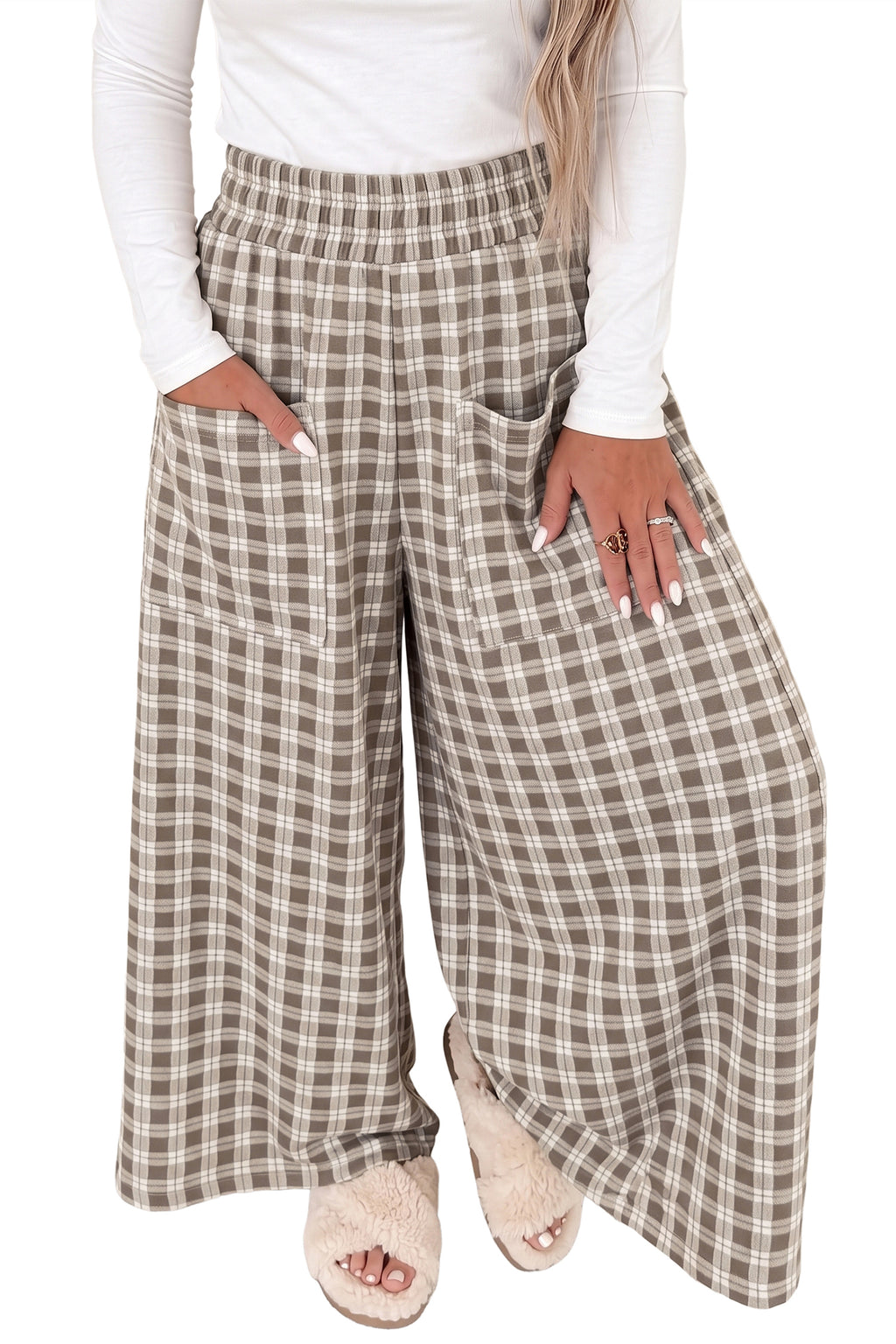 Khaki Plaid Elastic Waist Patch Pocket Wide Leg Pants