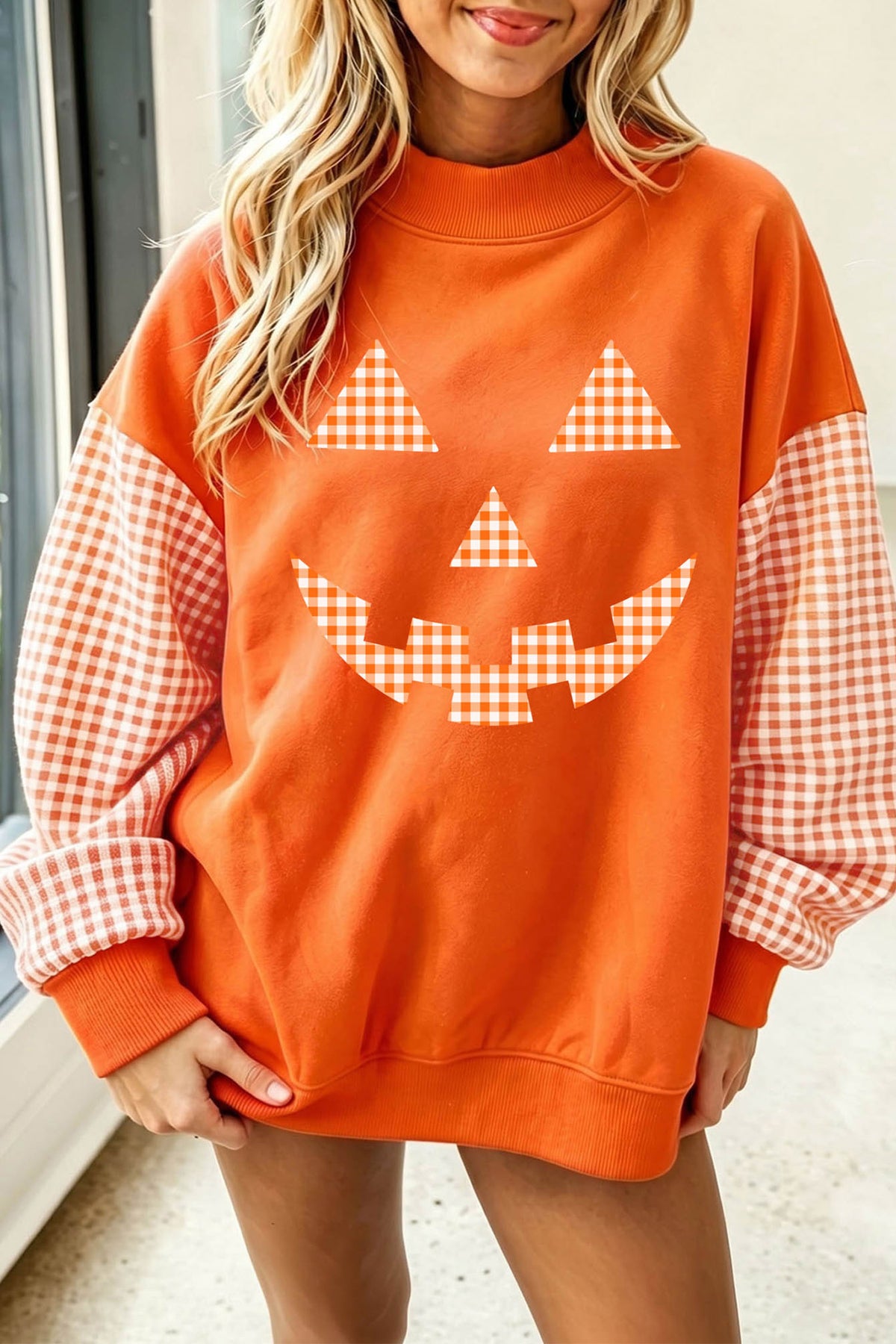 Russet Orange Plaid Sleeve Halloween Pumpkin Face Graphic Sweatshirt