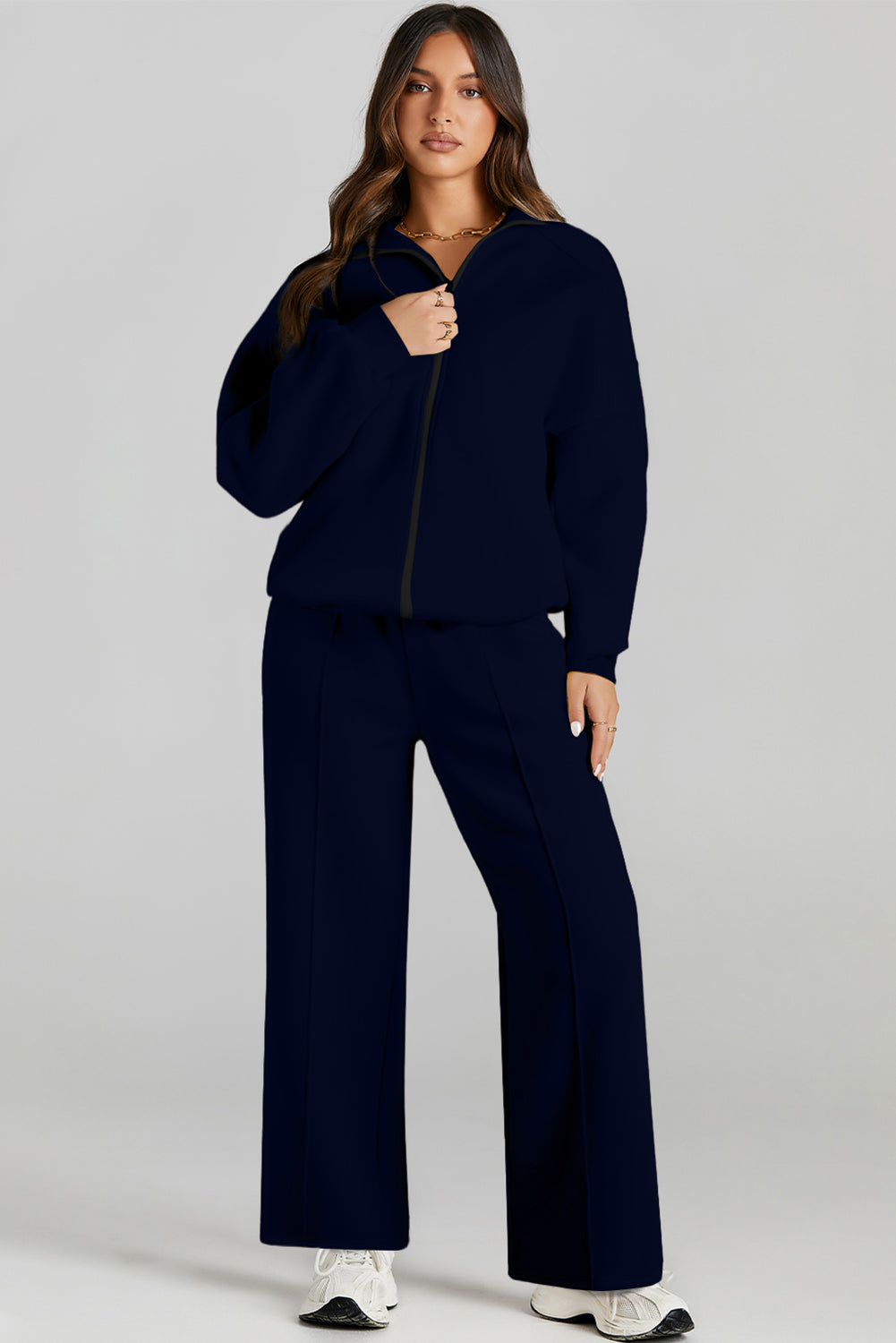 Black Drop Shoulder Zip Up Jacket Drawstring Pants Active 2pcs Set