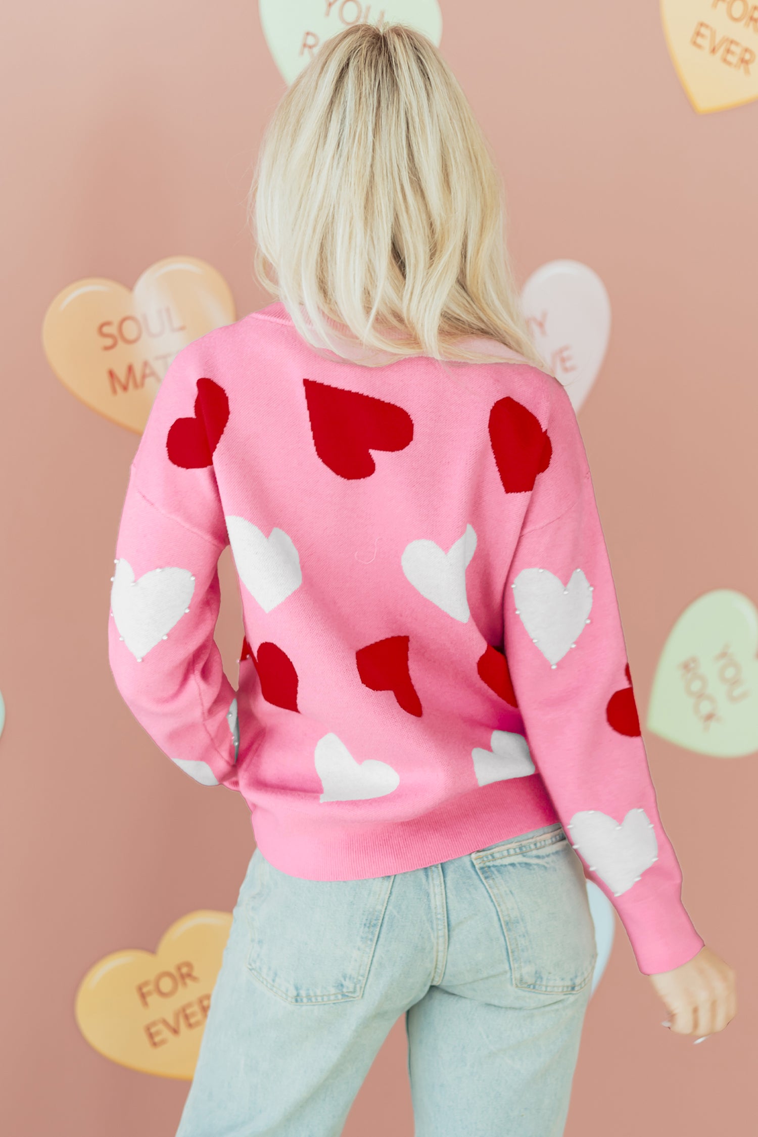 Pink Pearl Embellished Heart Pattern Valentines Day Sweater