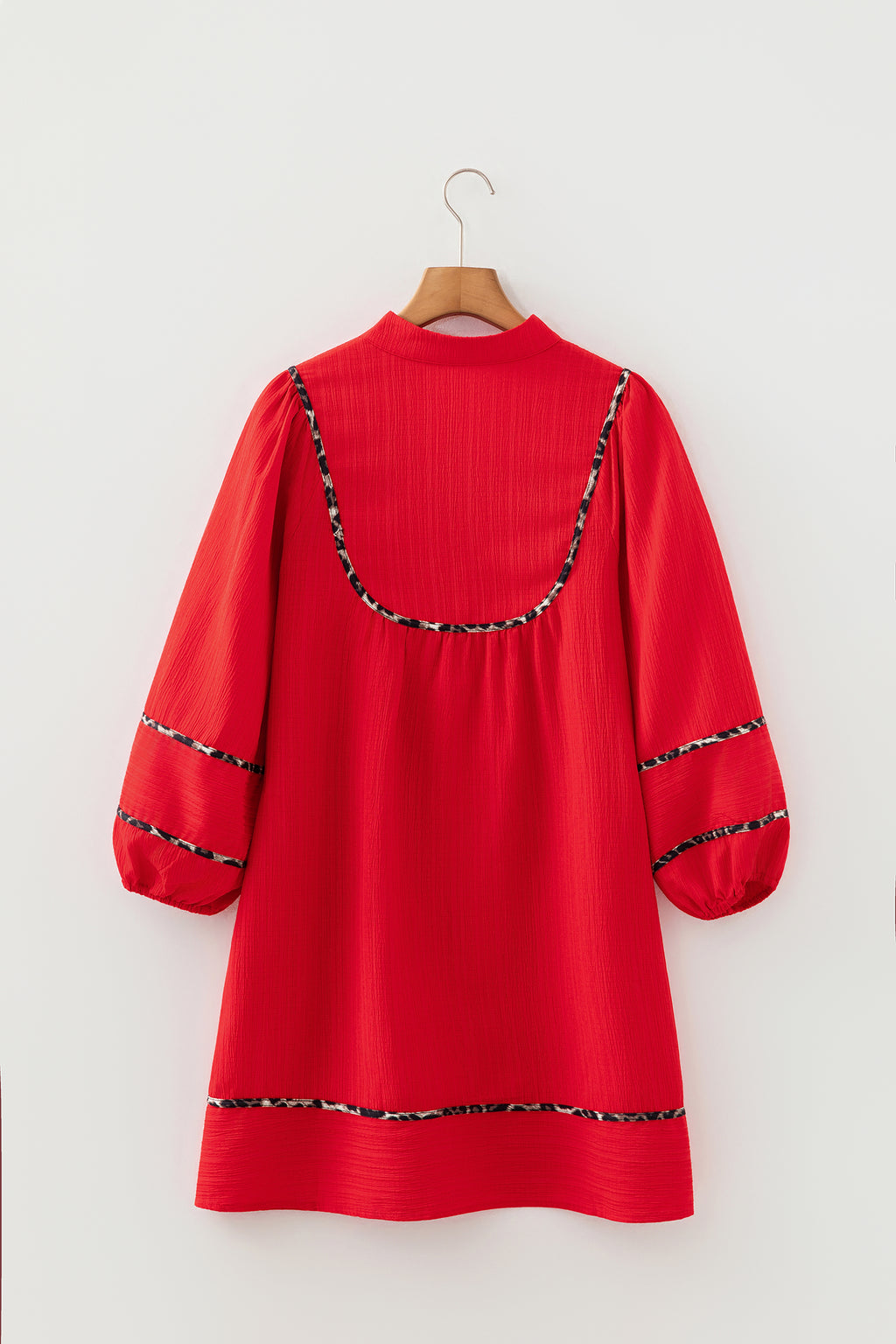 Fiery Red Textured V Neck Leopard Contrasted Trim Long Sleeve Shift Mini Dress