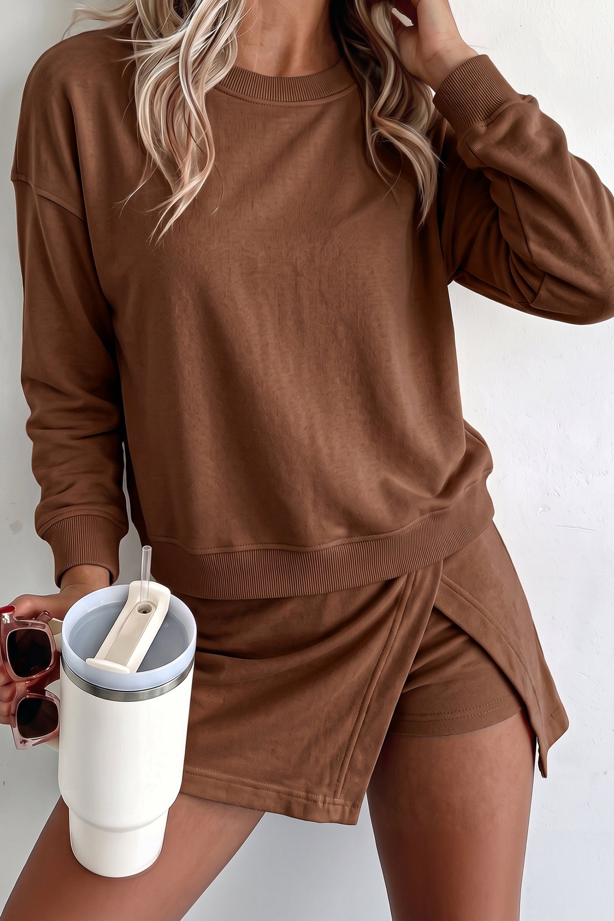 Long-Sleeve Top & Split Skort Two-Piece Set