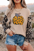 Gray Morn Leopard Sleeve Pumpkin Graphic Western Pullover Top