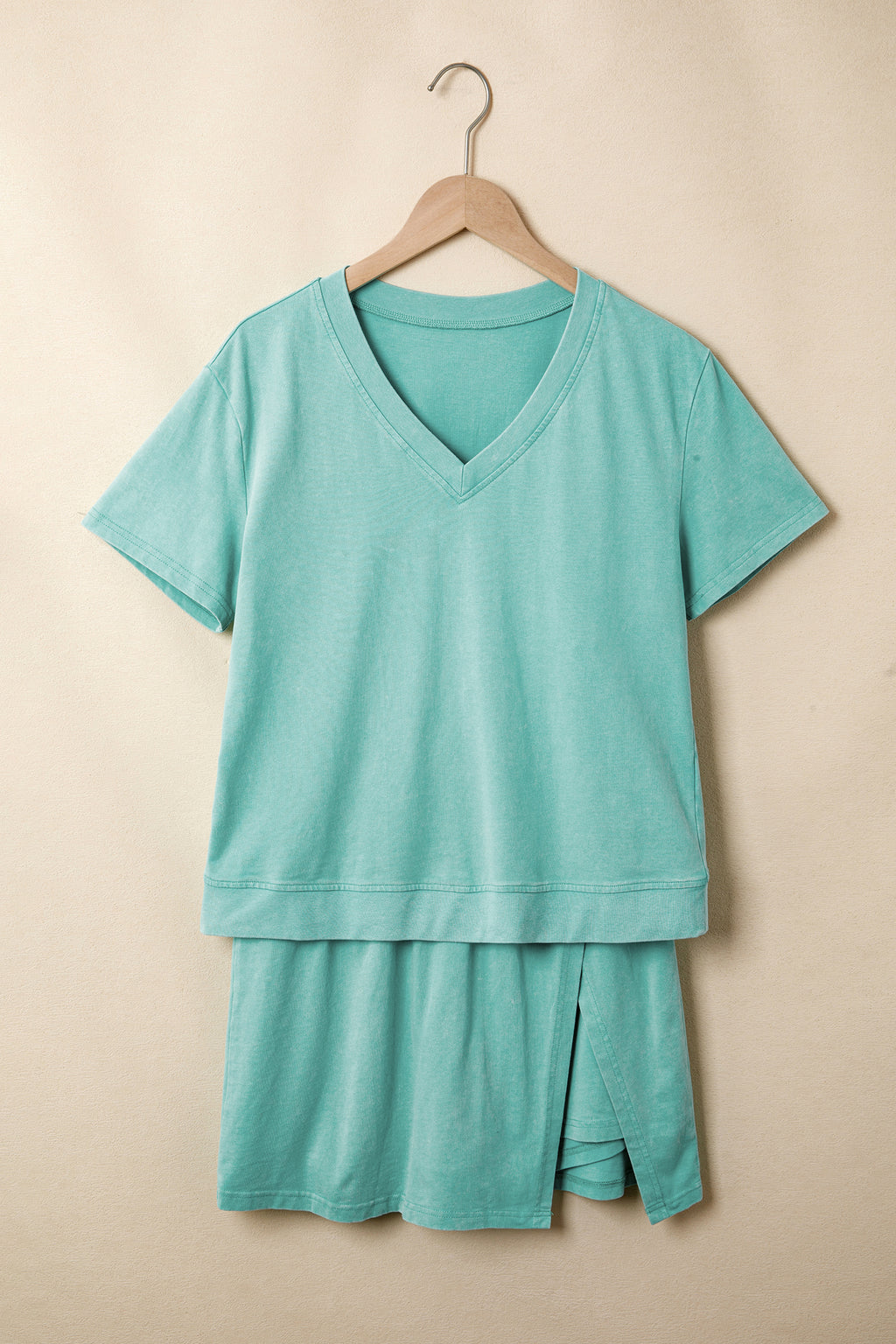 Light Pink Mineral Wash V Neck Tee Matching Skort Set